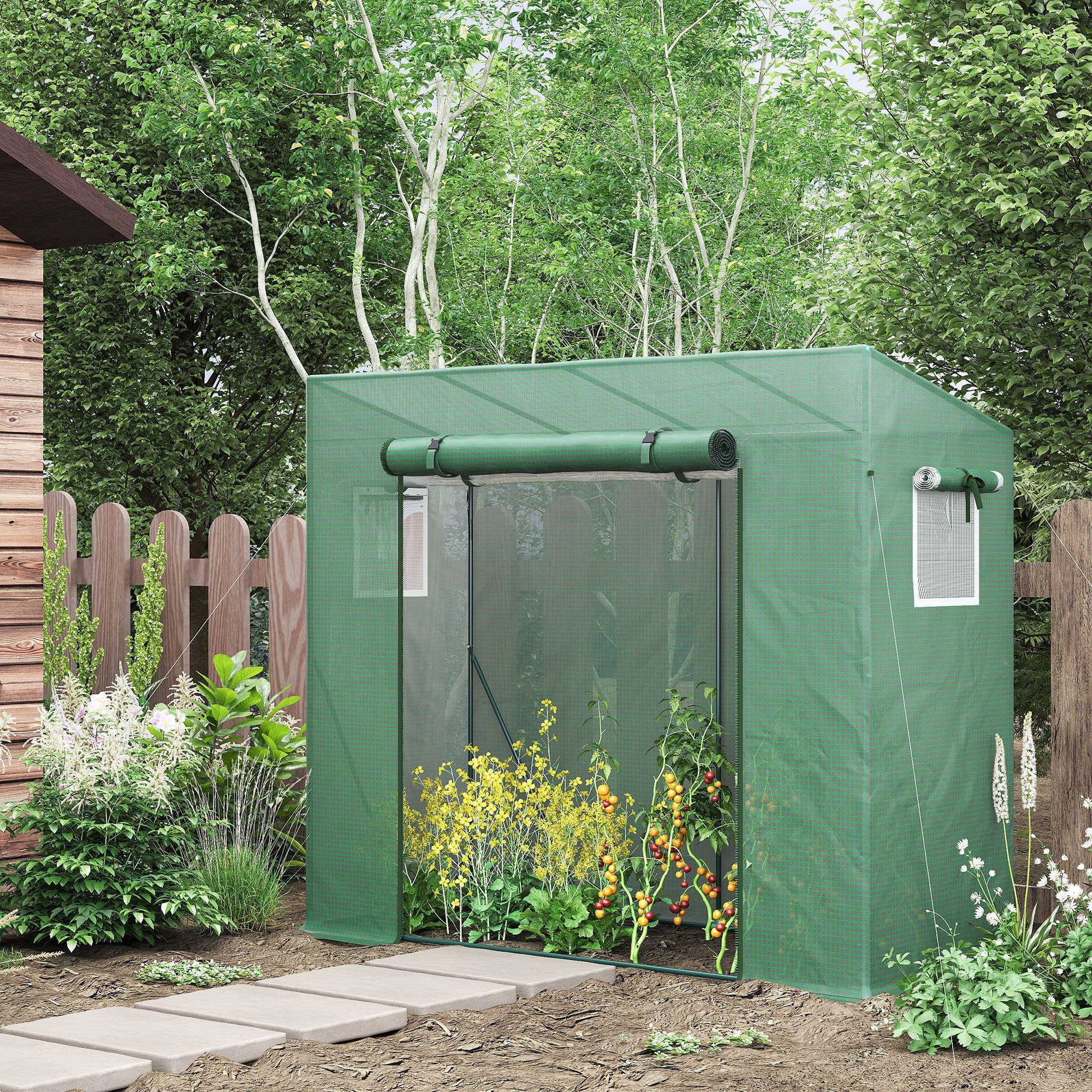 Voir la diapositive 2 : OUTSUNNY Serre de jardin balcon 1,54 m² - porte zippée enroulable, 2 fenêtres moustiquaires - acier pe haute densité anti-uv vert