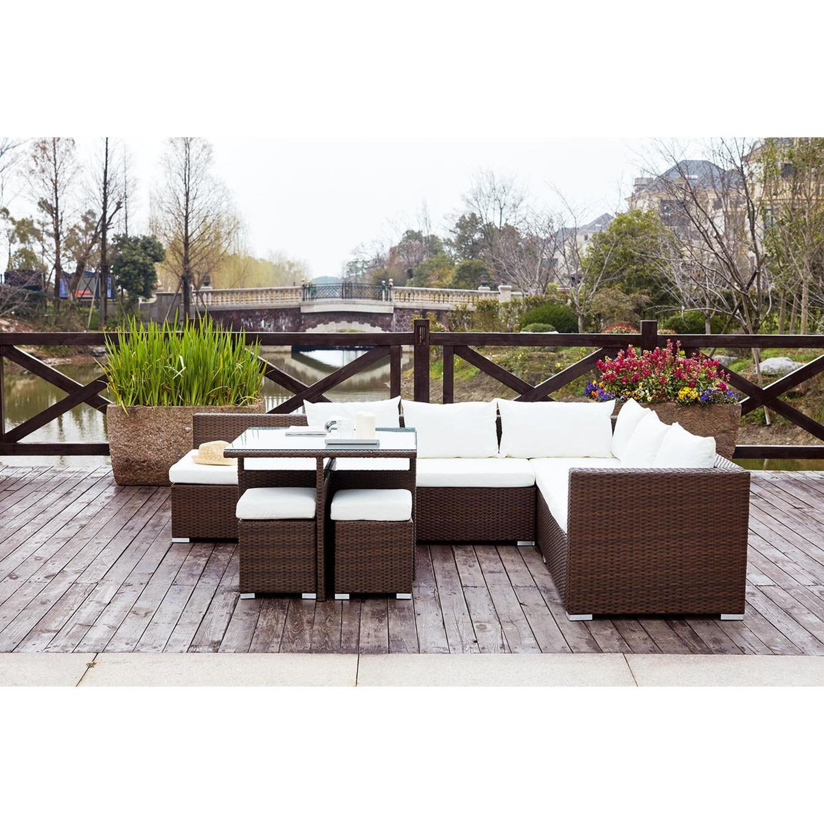 CONCEPT USINE Salon de jardin encastrable 10 places en résine marron-blanc FIDJI