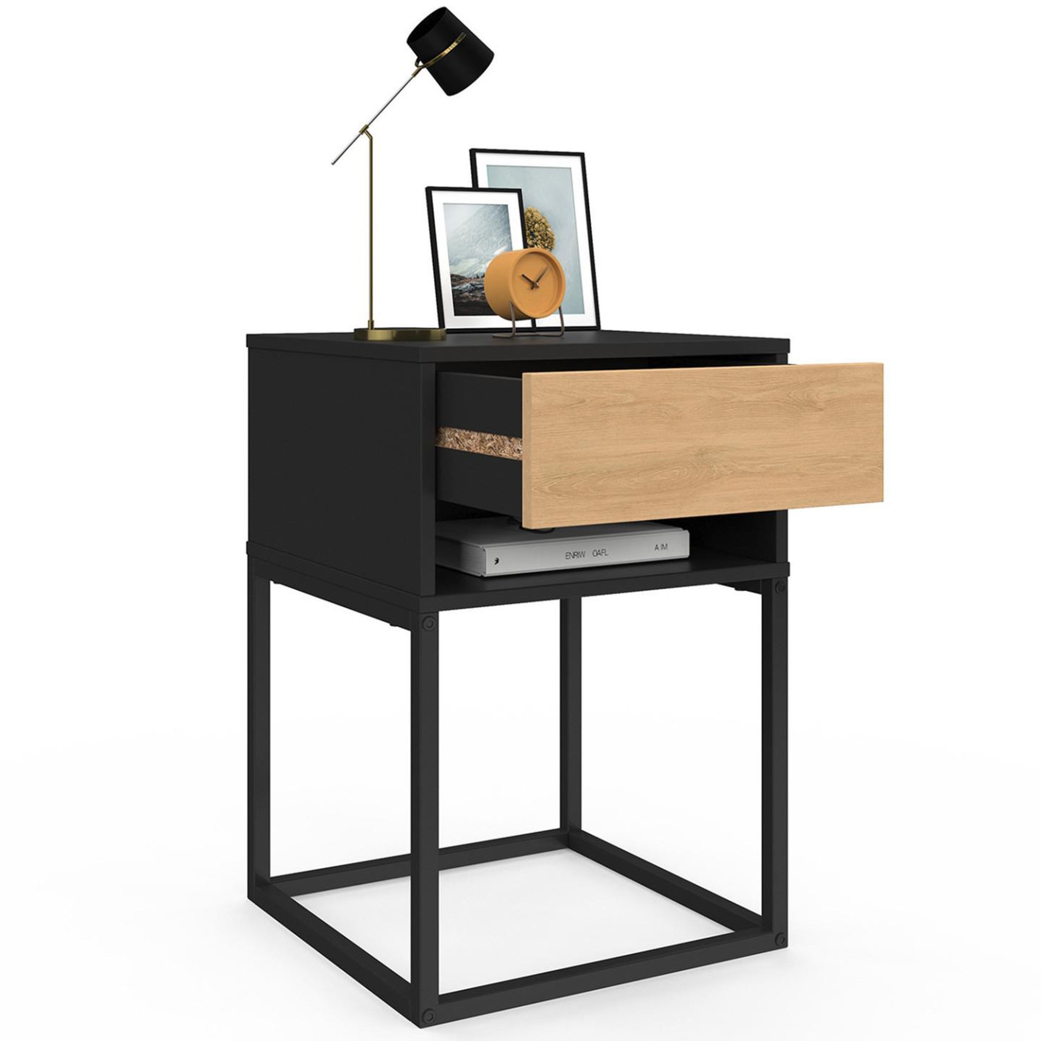 Voir la diapositive 6 : ID MARKET Lot de 2 tables de chevet ernest 1 tiroir et 1 niche noir et façon hêtre