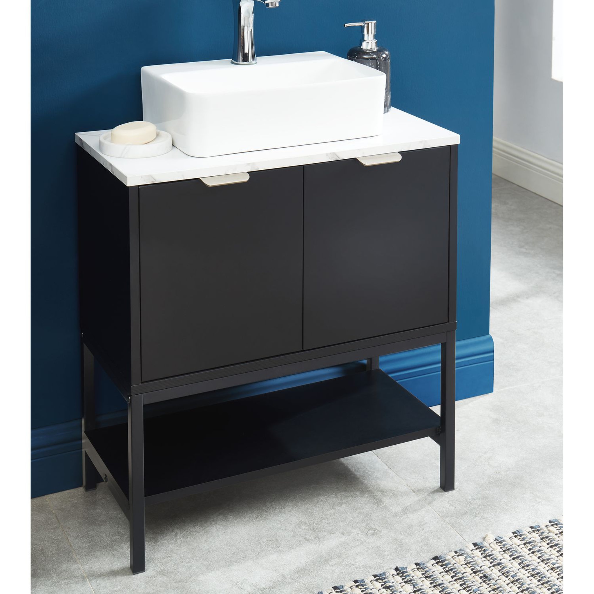 Voir la diapositive 5 : Meuble de salle de bain sous-vasque 2 portes et 1 étagère L60cm OLHAO