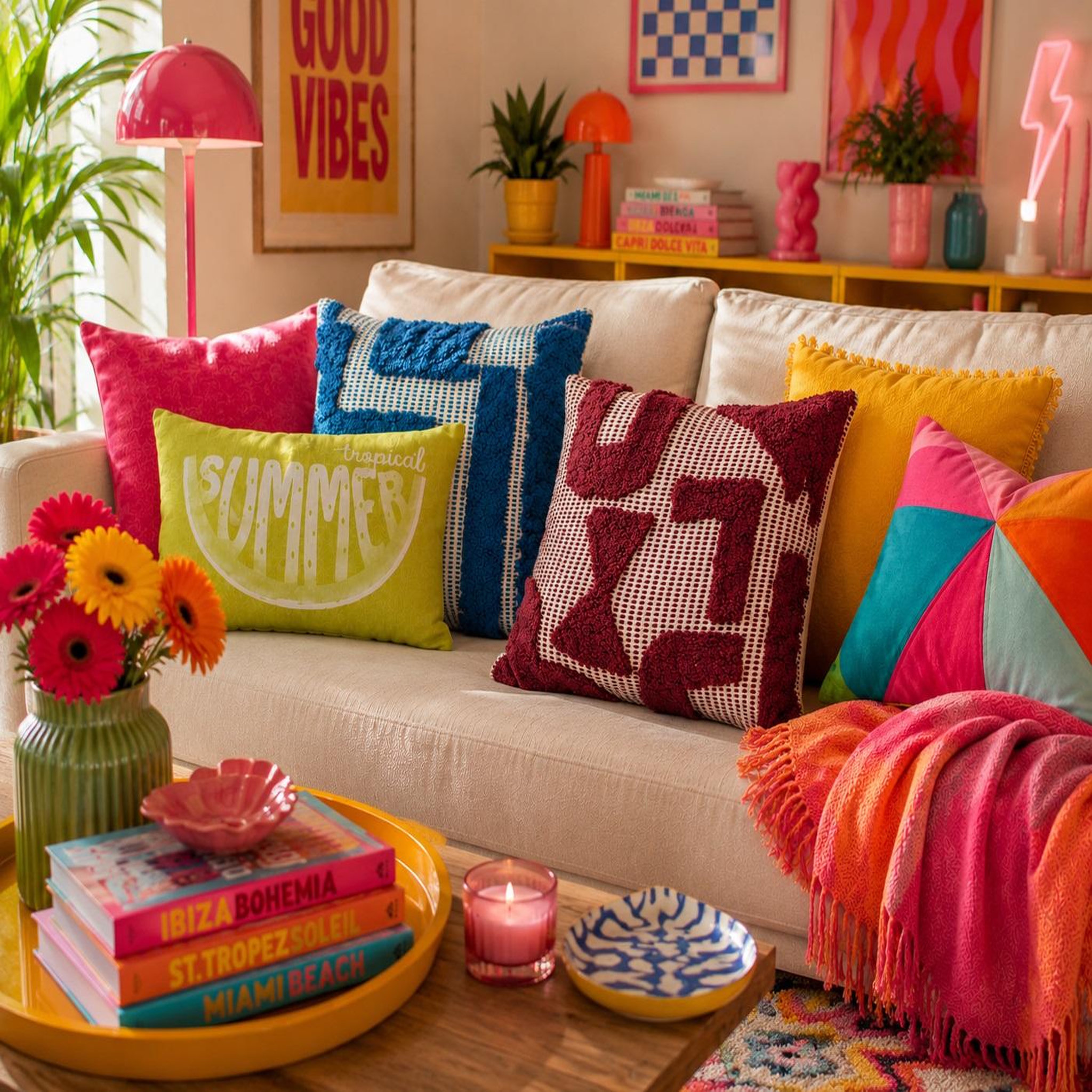 Voir la diapositive 4 : Eden Coussin en coton tufte poppy colors