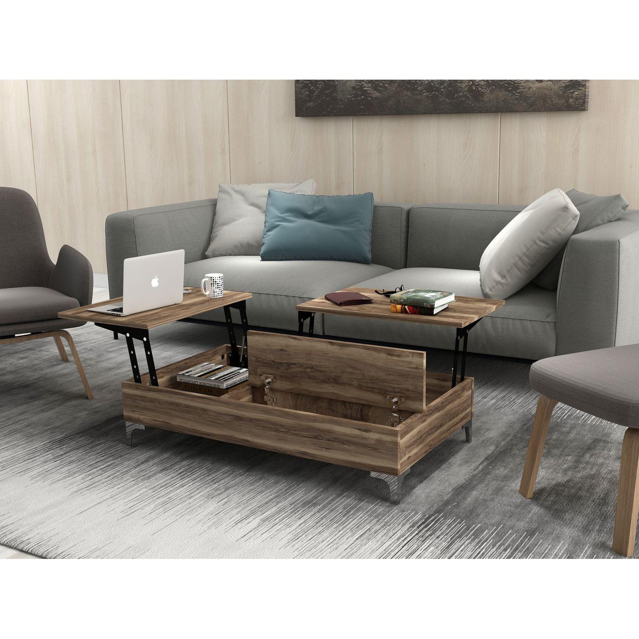 Voir la diapositive 4 : TOILINUX Table basse relevable avec rangements intégrés uppsala - marron