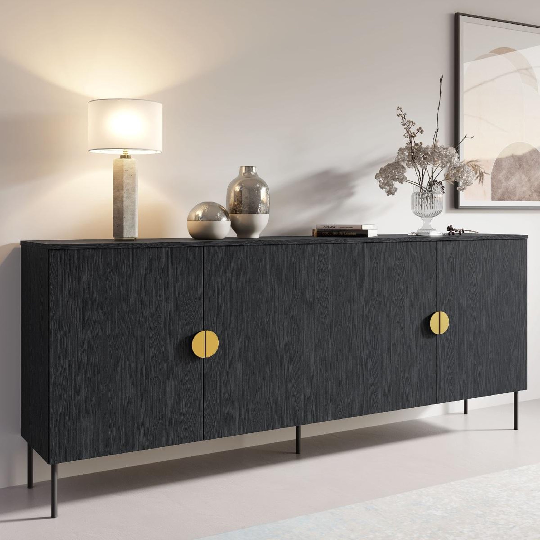 Voir la diapositive 2 : JLC KREATION Buffet bas noir et or 4 portes dimitri