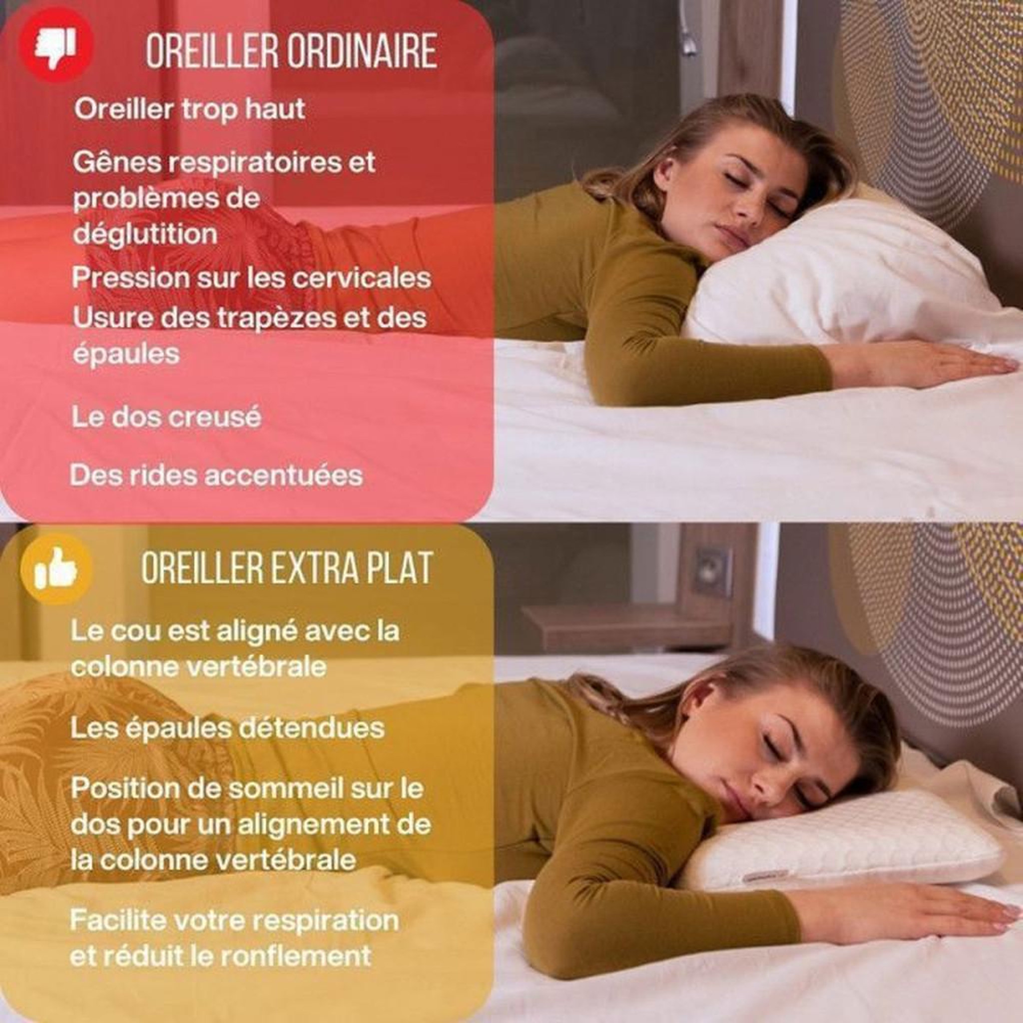 Voir la diapositive 3 : Oreiller extra plat en mousse à mémoire de forme pour dormeurs sur le ventre 58x38x7 cm, housse en bambou respirante