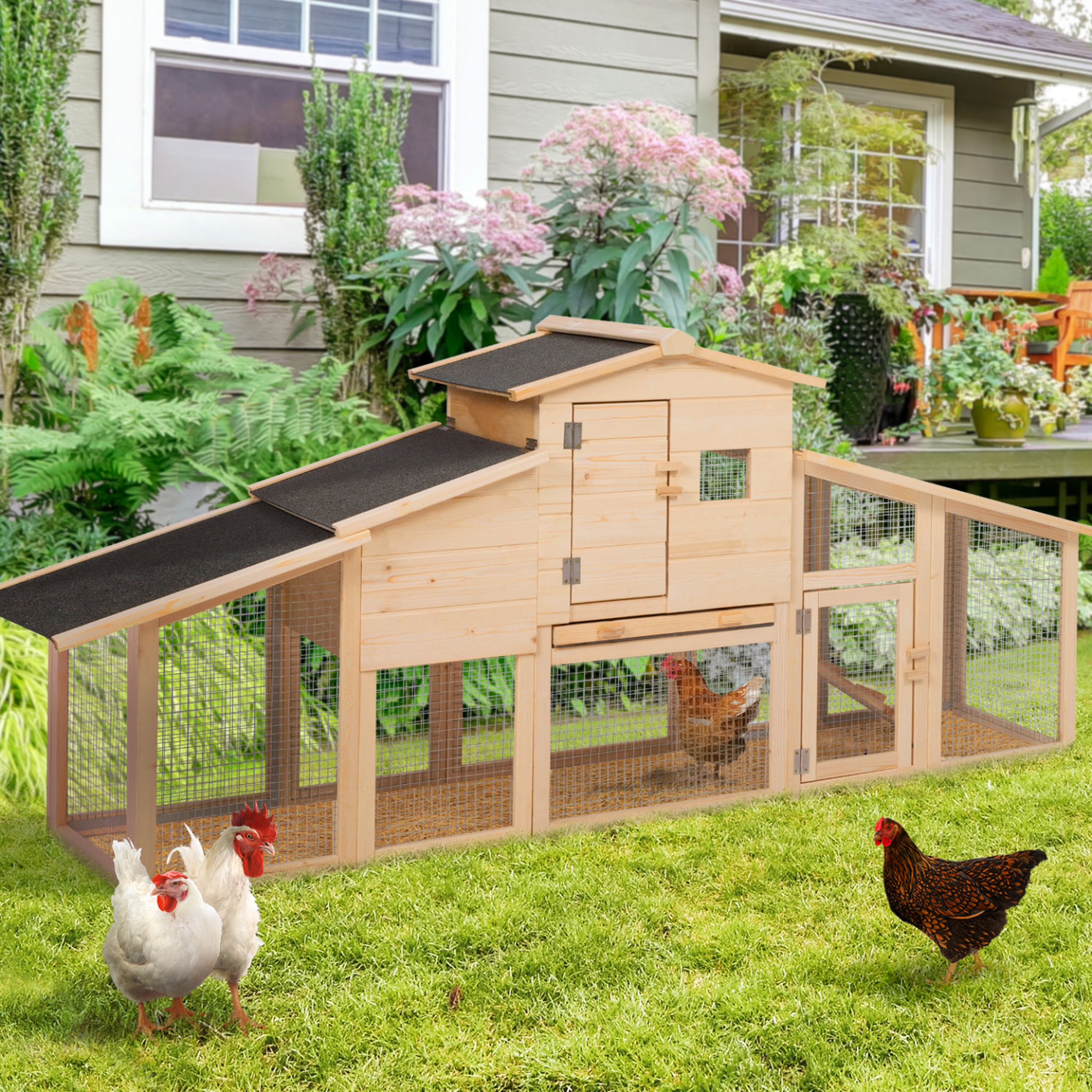 Voir la diapositive 2 : ID MARKET Poulailler clapier en bois xxl avec pondoir enclos et tiroir à déjections 3 poules