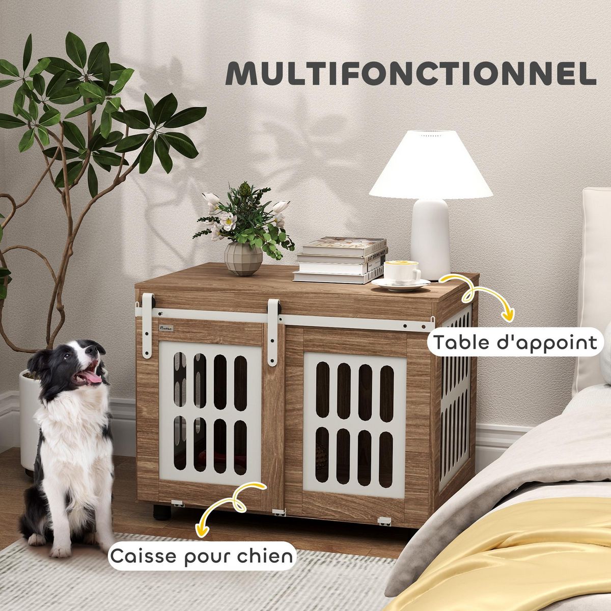 PAWHUT Cage pour chien en bois - porte coulissante verrouillable - dim. 80 x 59 x 63 cm - acier beige effet bois noyer