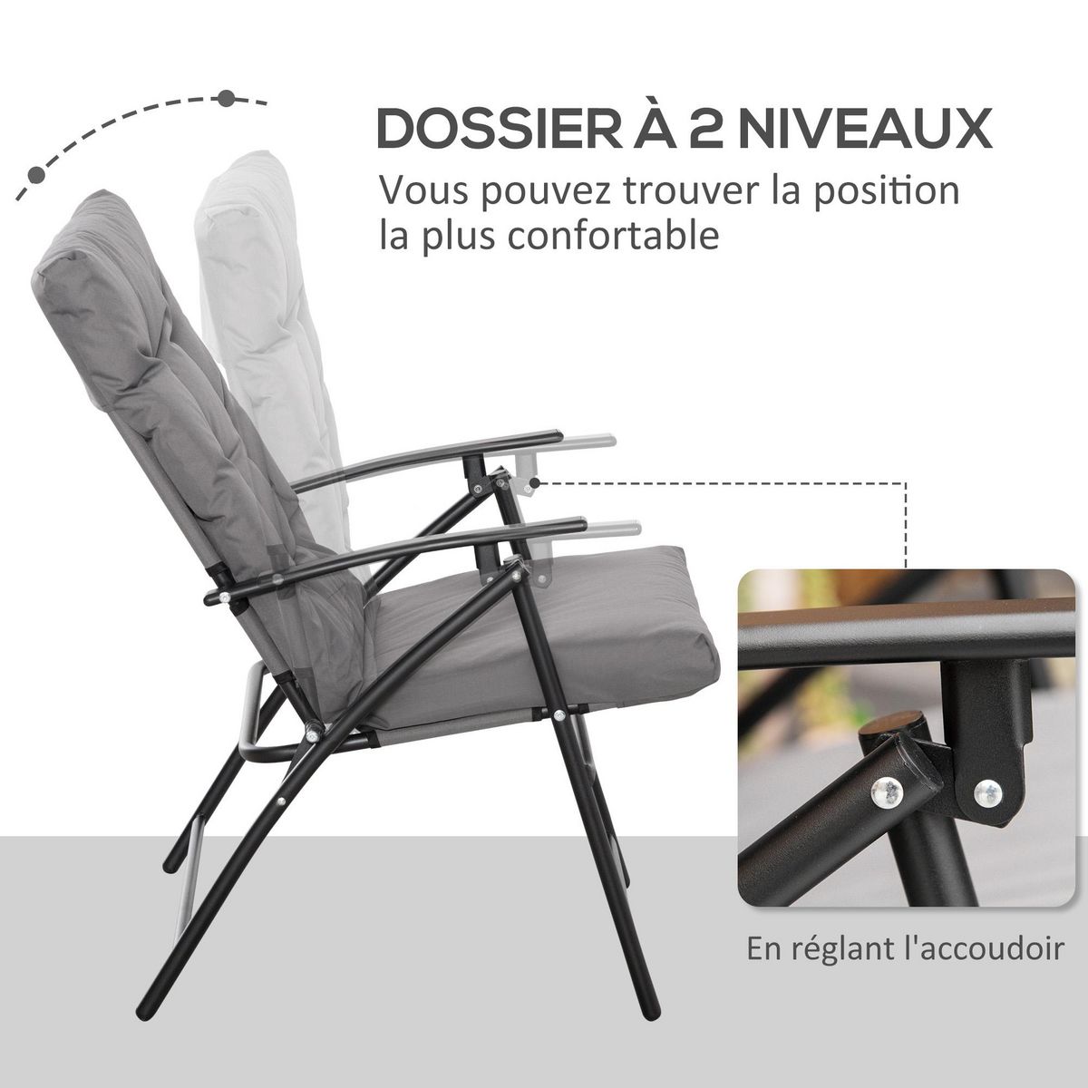 OUTSUNNY Chaise de camping pêche pliable portable haut dossier inclinable épais coussin matelassé inclus gris