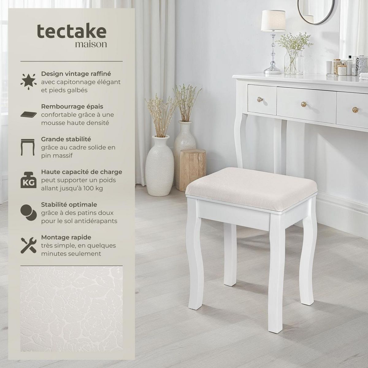 tectake Tabouret pour coiffeuse table de maquillage au look vintage blanc