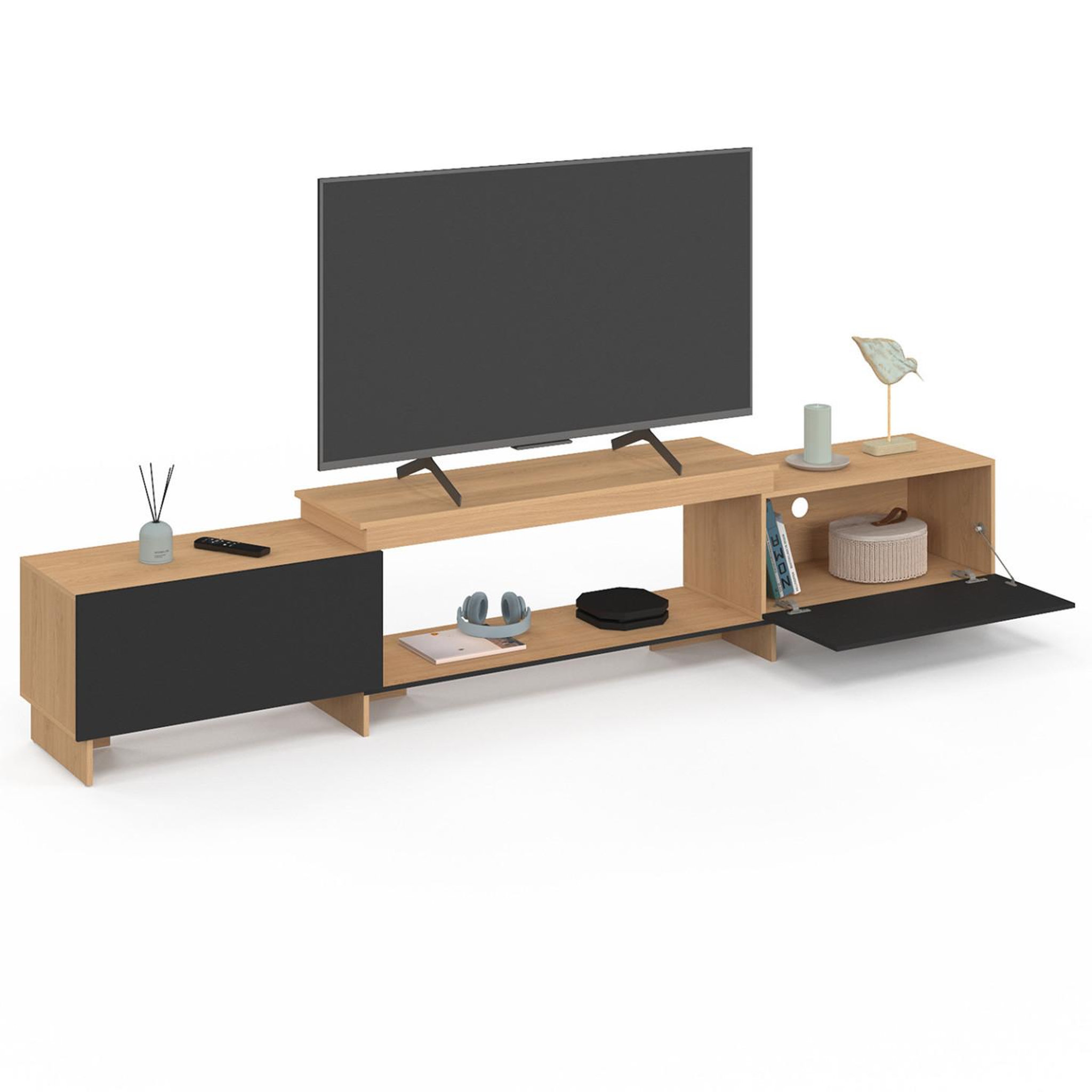 Voir la diapositive 4 : ID MARKET Meuble tv extensible 140-240 cm vlad 2 portes bois et noir