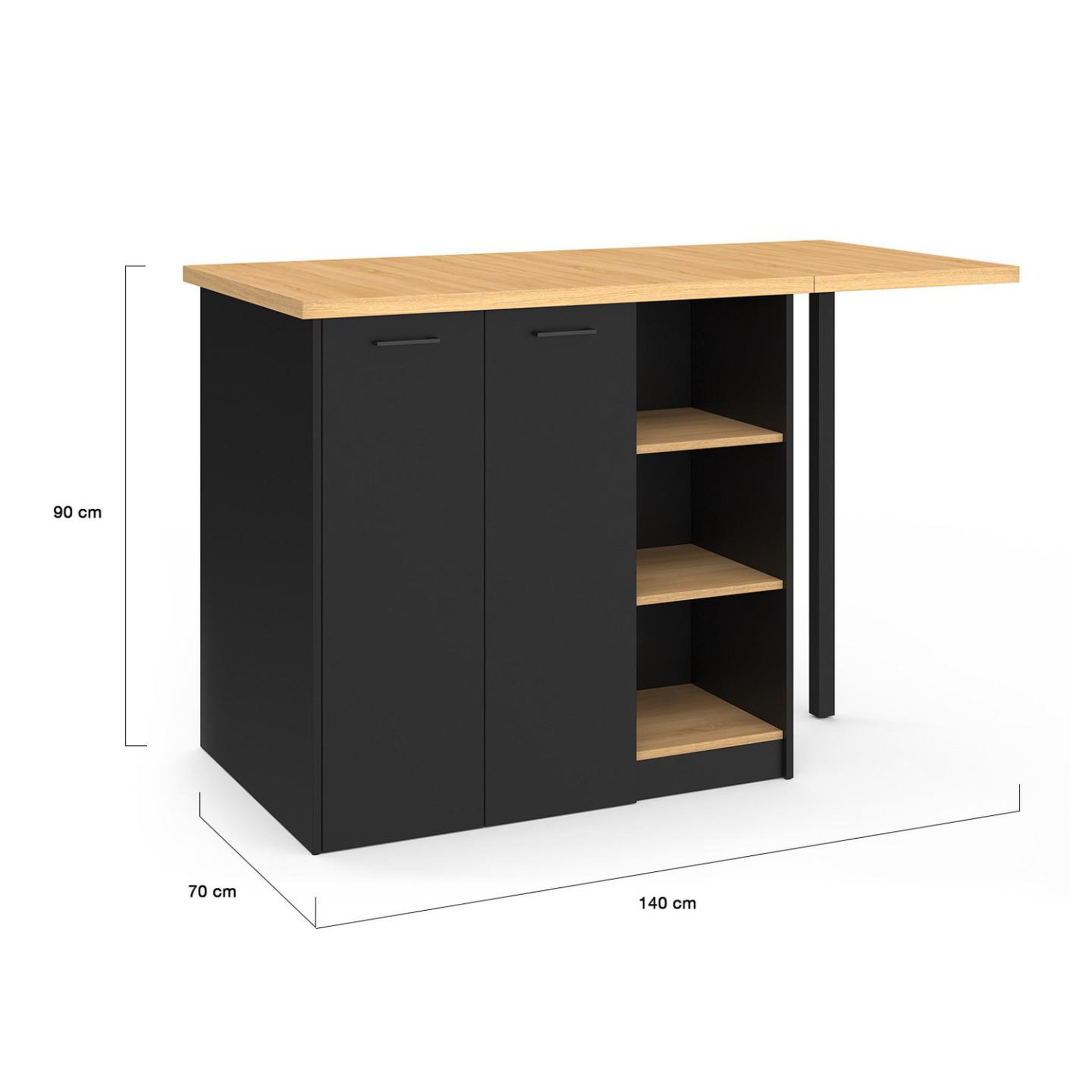 Voir la diapositive 6 : ID MARKET Ilot central cesar 140 cm 5 personnes bois noir avec plan de travail façon hêtre