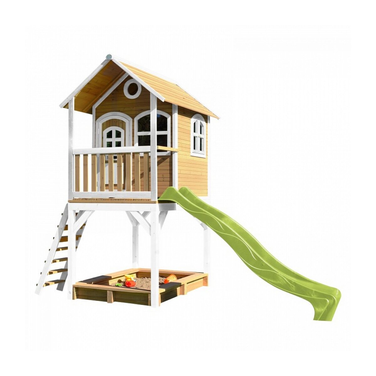 Axi House AXI Maisonnette SARAH Brun Blanc avec toboggan Vert et bac à sable