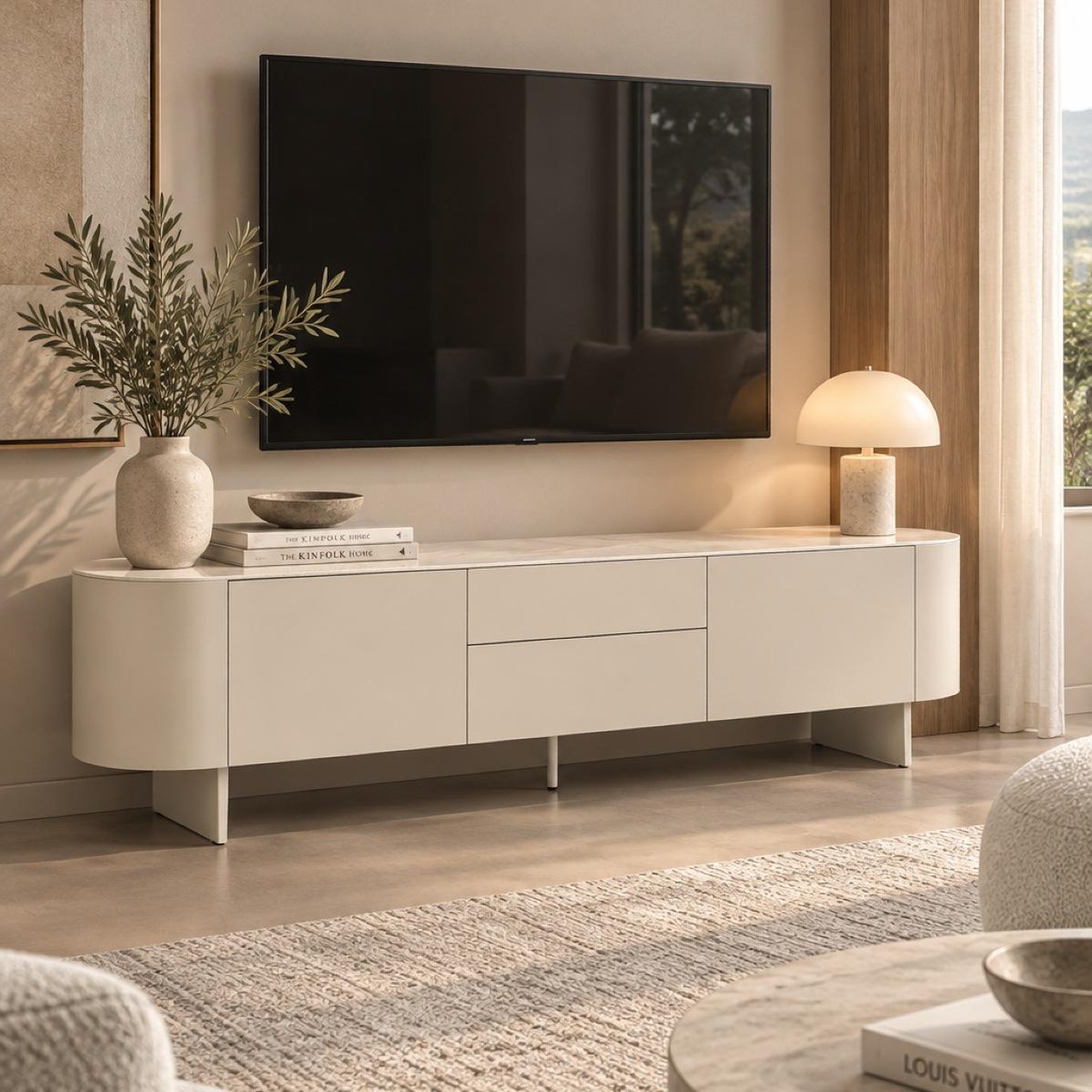 Voir la diapositive 2 : JLC KREATION Meuble tv beige céramique 2 portes 2 tiroirs 200 cm sidra