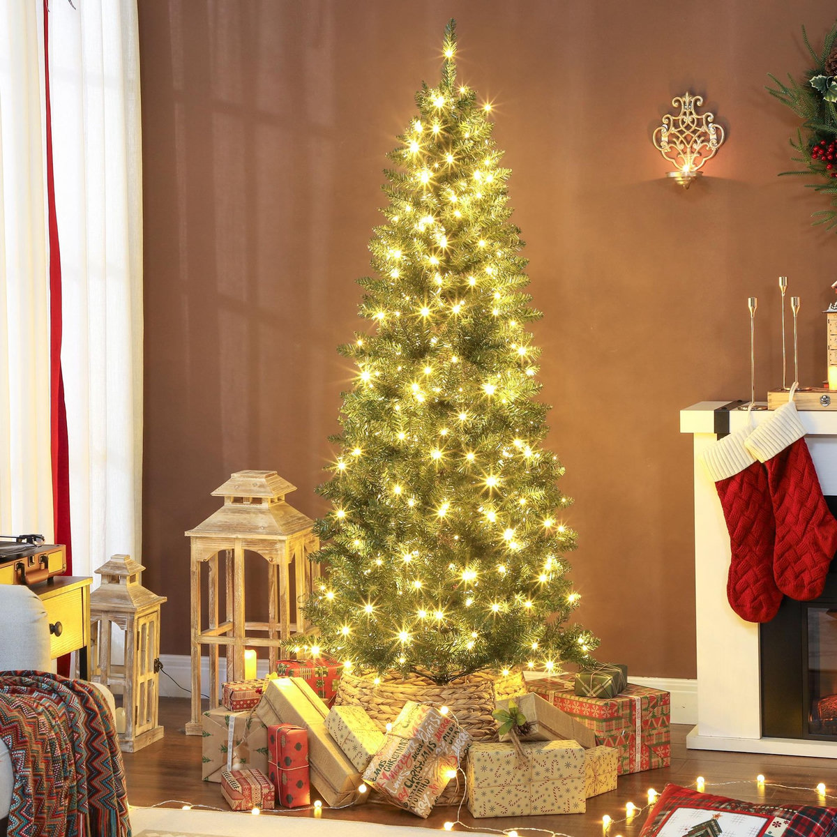 HOMCOM Sapin de Noël artificiel LED x 250 blanc chaud ou multicolore 9 modes H.180 cm 899 branches support vert