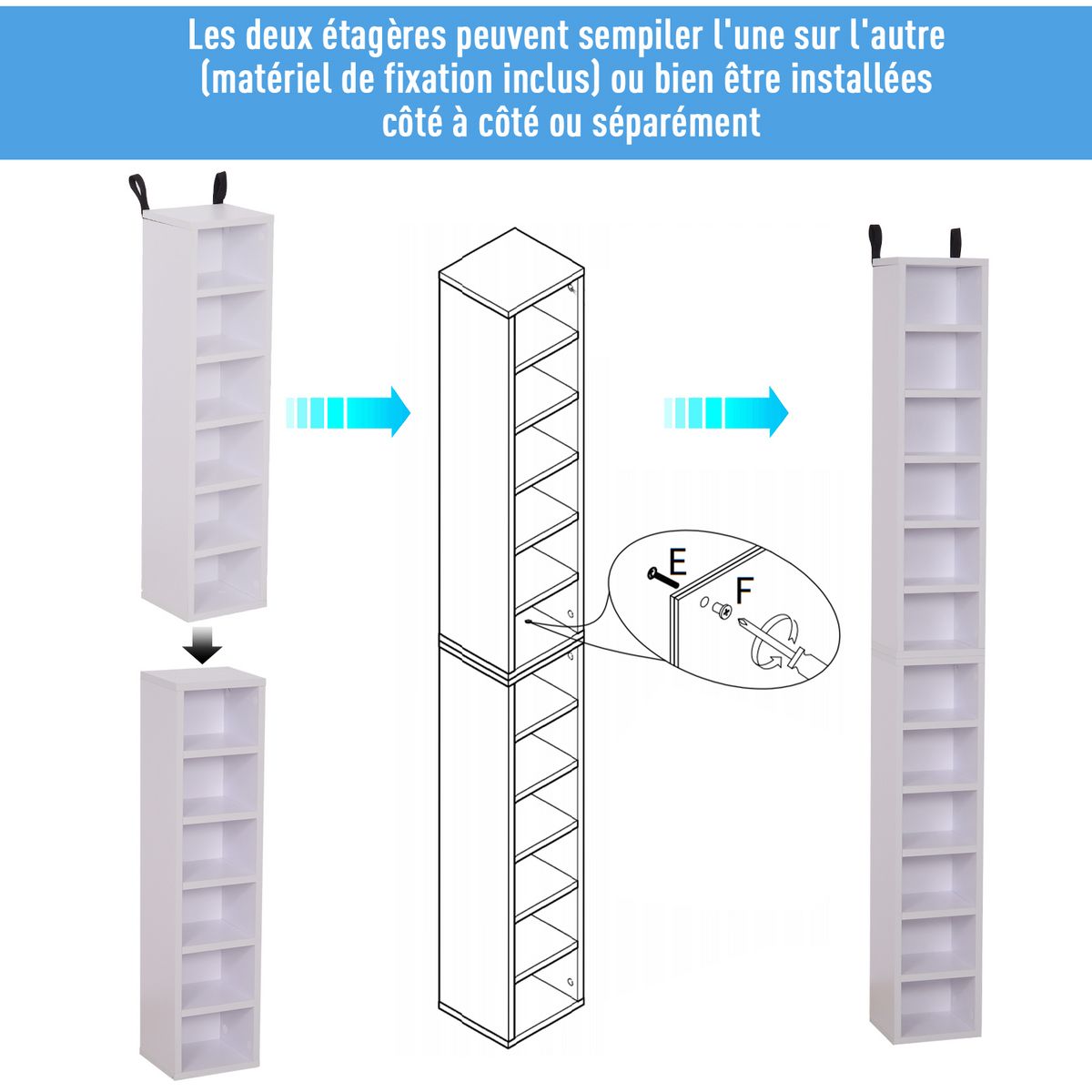 HOMCOM Lot de 2 étagères colonnes armoire de rangement CD-DVD 6 + 6 compartiments dim. 21L x 19l x 88H cm capacité max. 204 CD blanc