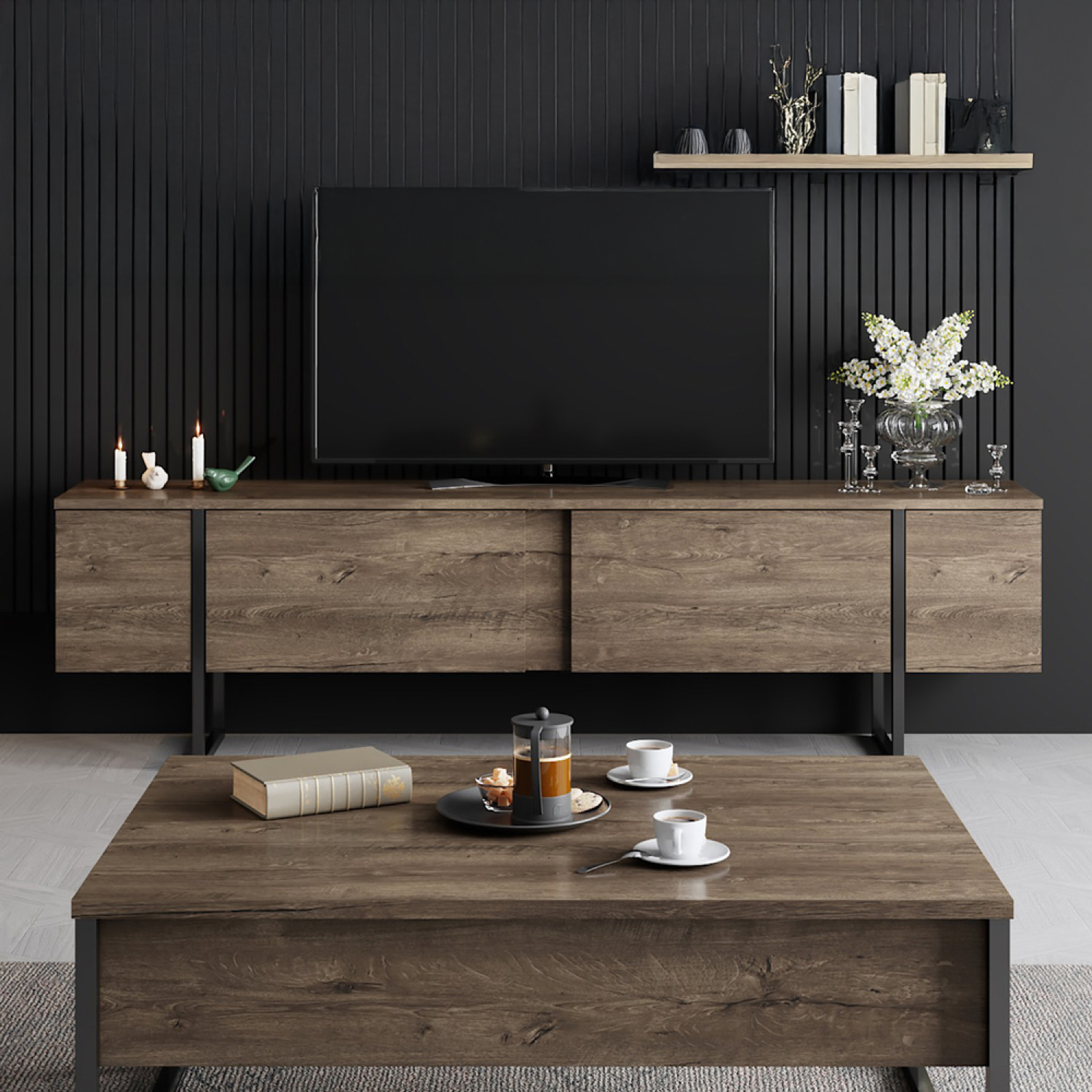 Voir la diapositive 3 : CONCEPT USINE Meuble tv avec placards aspect bois de noyer et détails noirs 180cm fropa