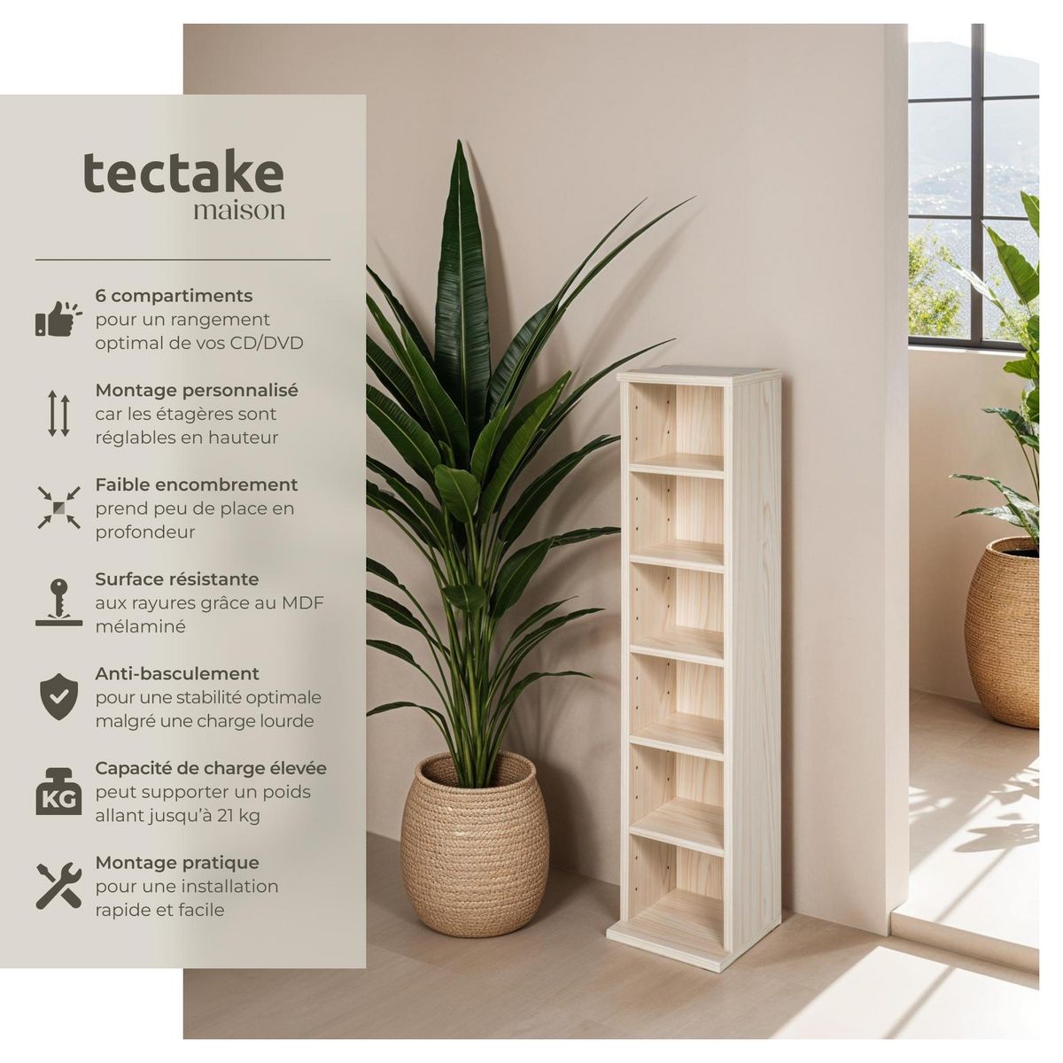 tectake Étagère DVD CD aspect bois marron hêtre