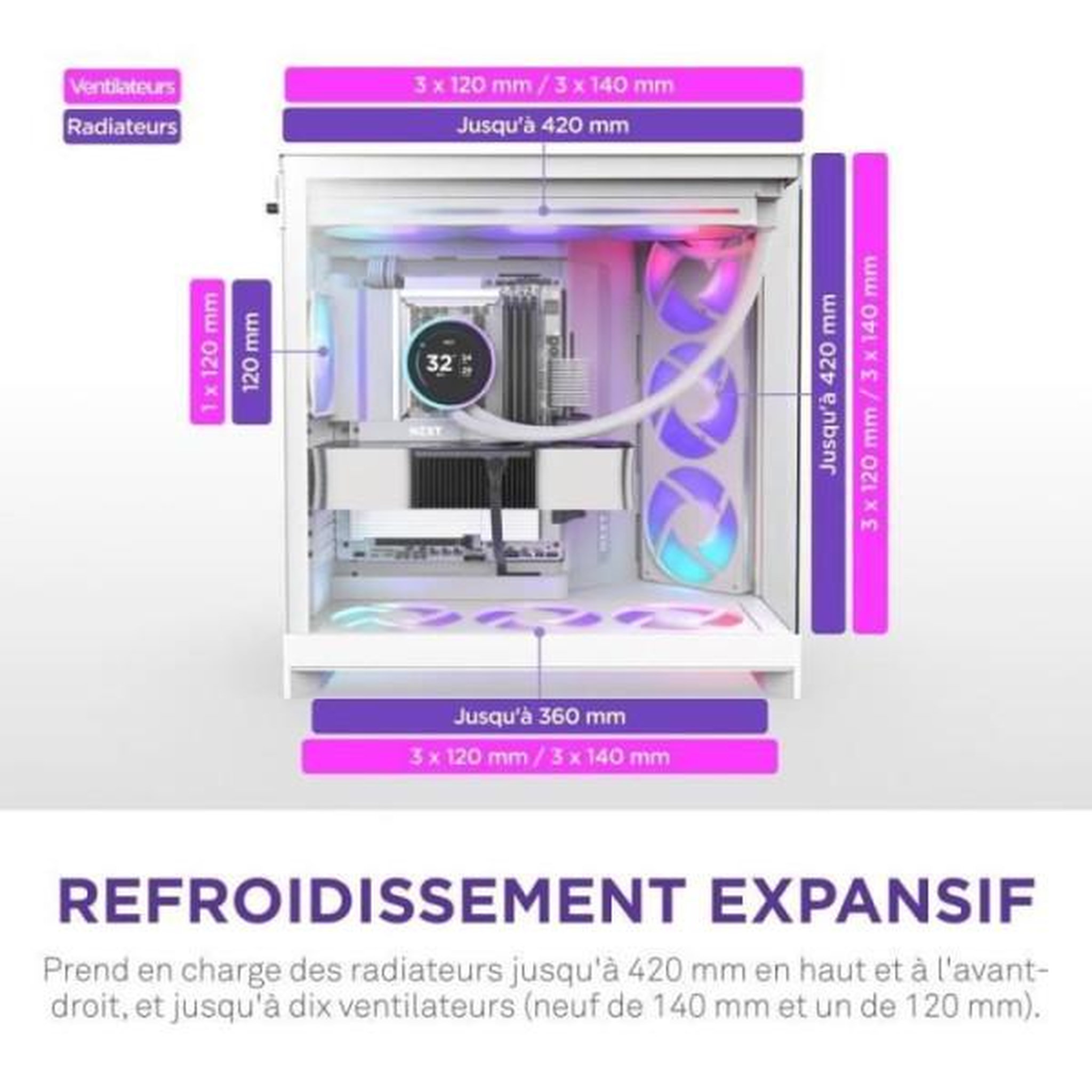 Voir la diapositive 2 : NZXT Boitier moyen-tour nzxt h9 flow rgb - ventilateurs rgb inclus - blanc - cm-h92fw-r1