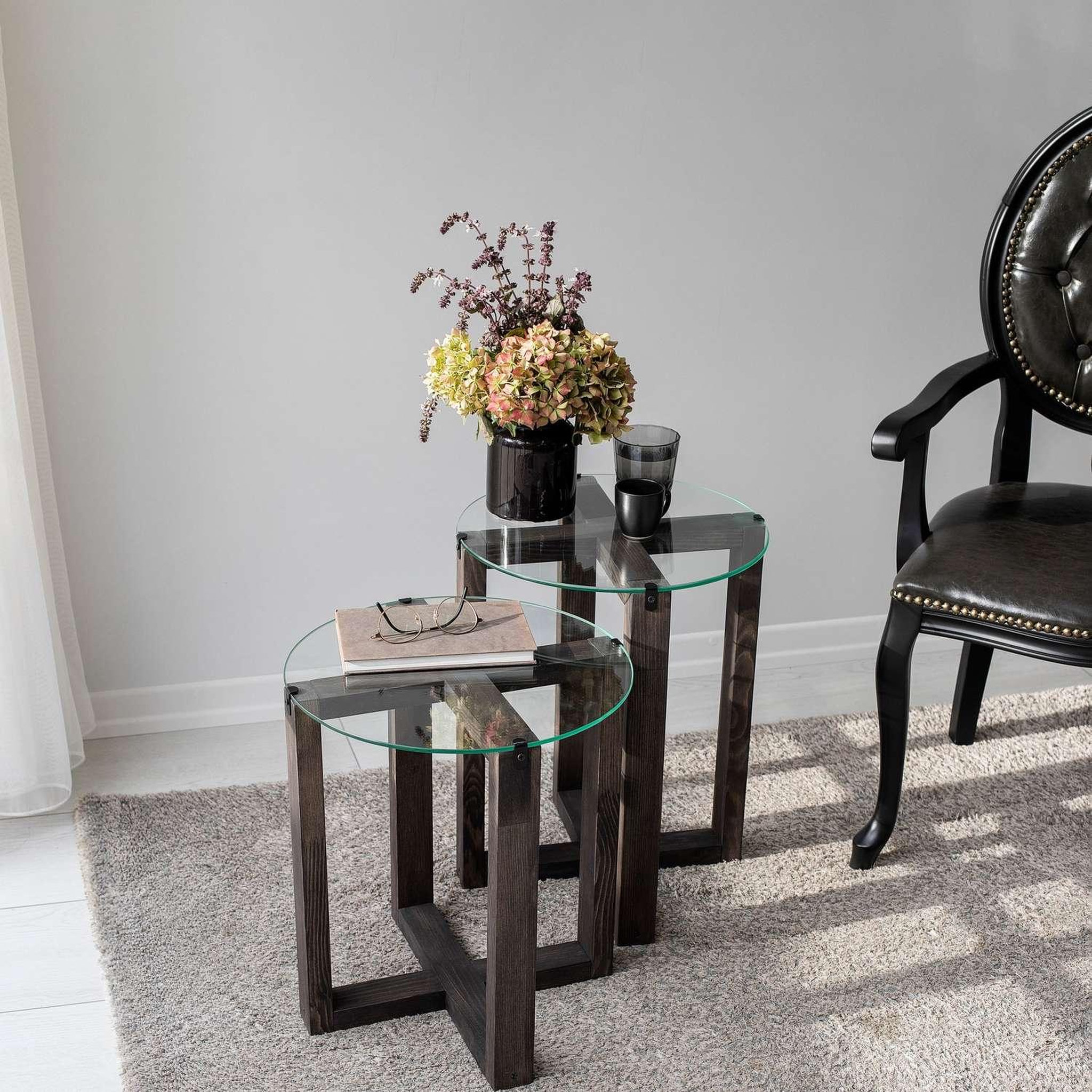 Voir la diapositive 5 : TOILINUX Lot de 2 tables d'appoint Galadron en verre et bois - Transparent et gris foncé
