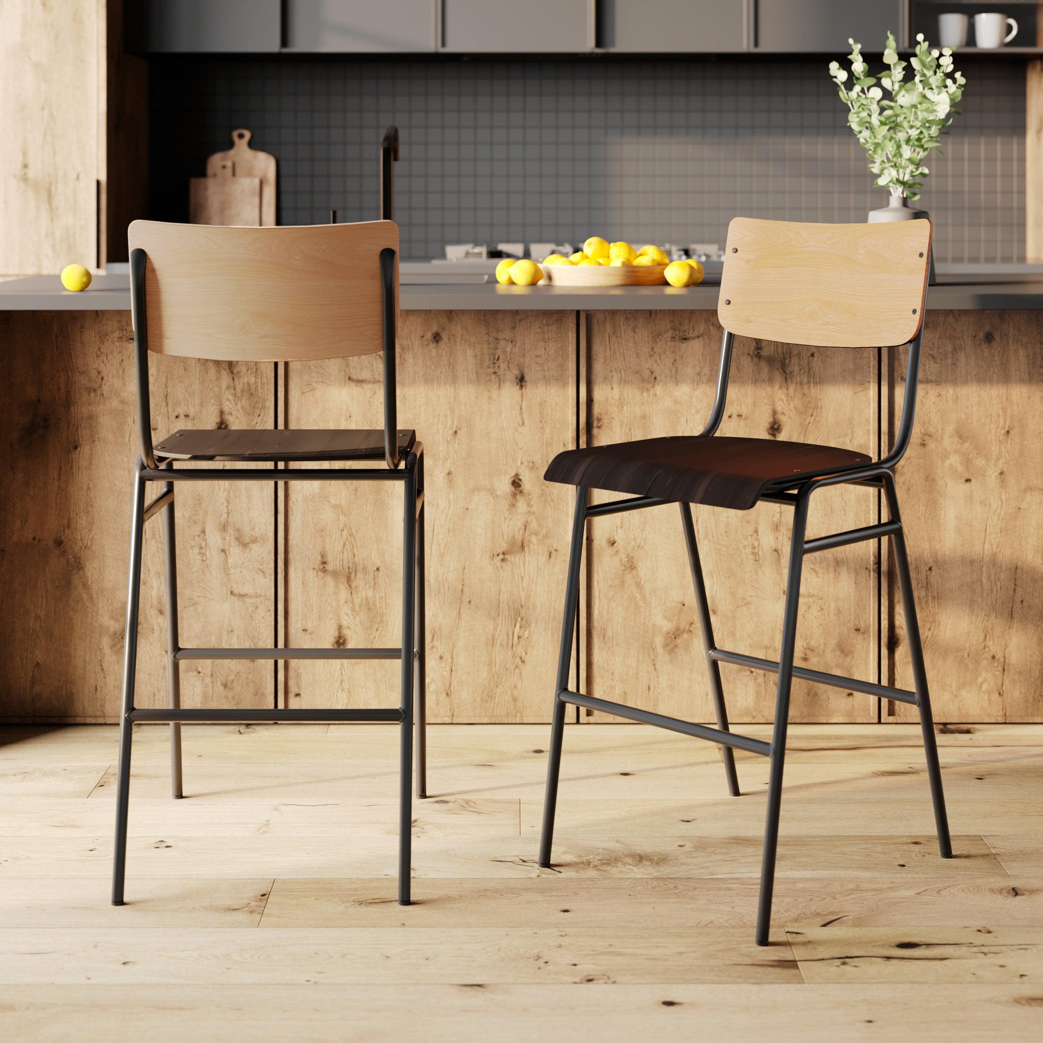 Voir la diapositive 2 : MAISON PAVANE Lot de 2 chaises pour îlot central 66 cm en bois clair et noir-clem