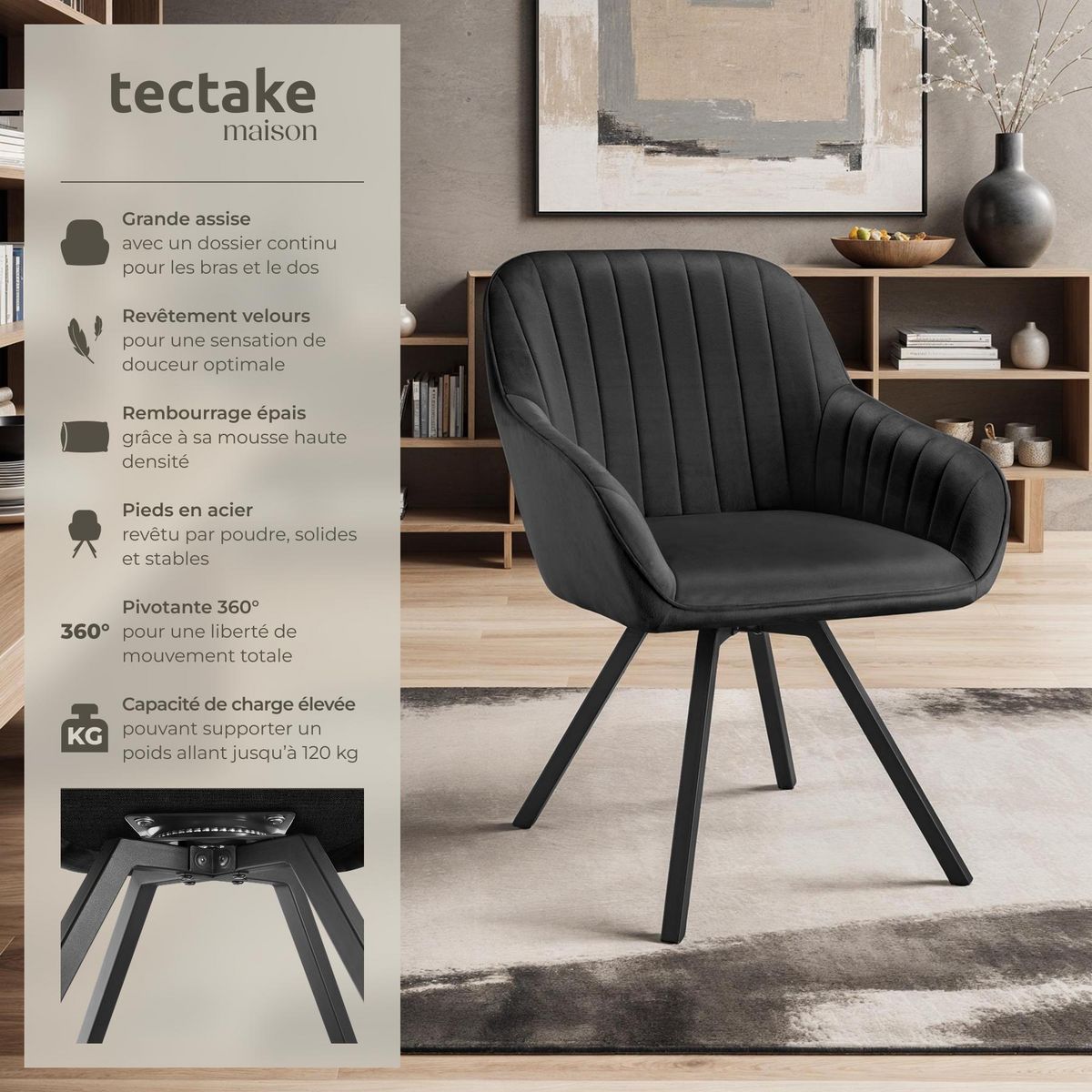 tectake Chaise pivotante avec accoudoirs rembourrée aspect velours noir Lot de 6
