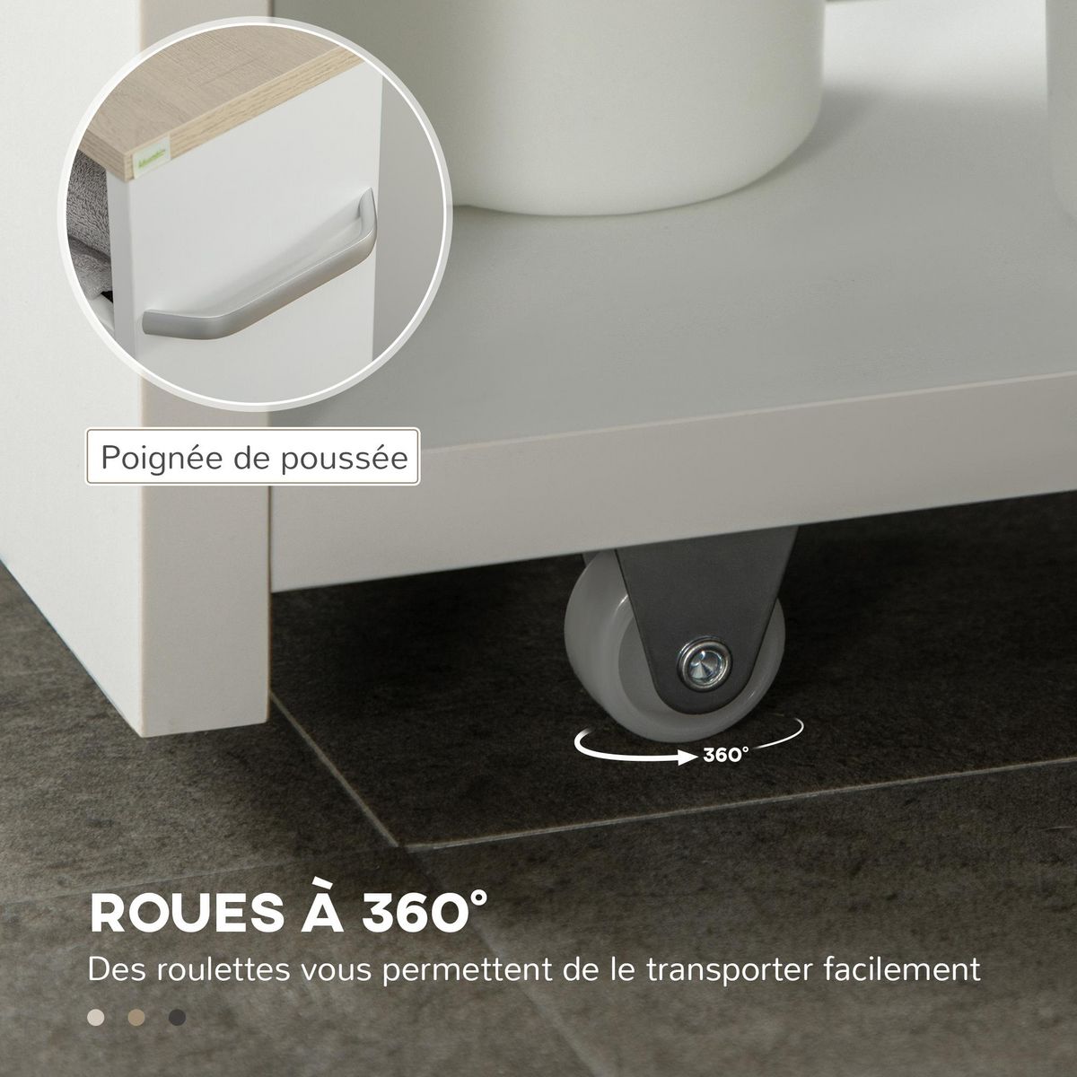 KLEANKIN Meuble bas colonne rangement salle de bain à roulettes 3 niveaux dim. 48L x 15l x 80H cm MDF panneaux blanc aspect chêne clair