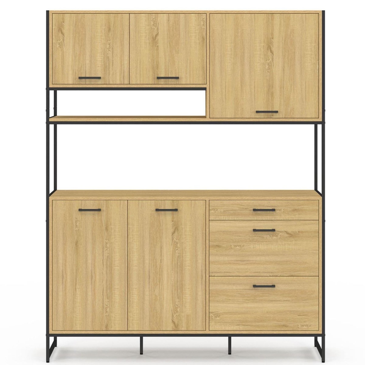 ID MARKET Buffet casserolier de cuisine 140 cm DETROIT 5 portes + 3 tiroirs design industriel
