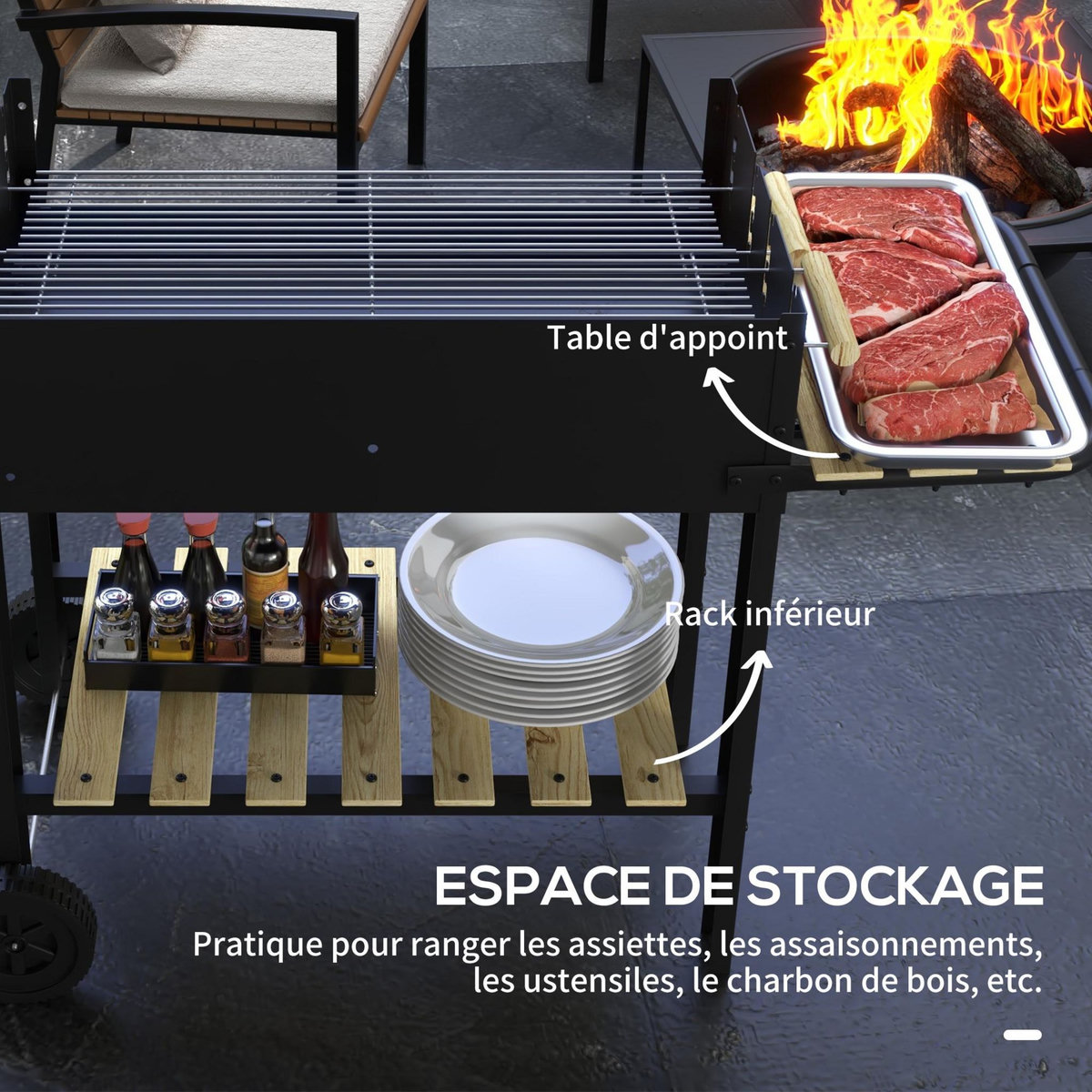 OUTSUNNY Barbecue à charbon sur pied double grille réglable 2 roues 2 étagères noir
