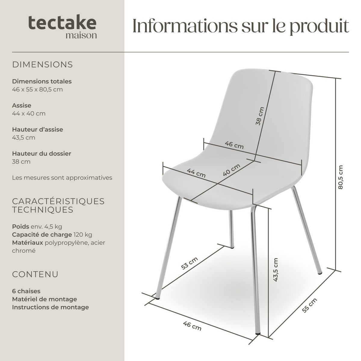 tectake Chaises en plastique grande coupe en plastique blanc/gris chrome Lot de 6