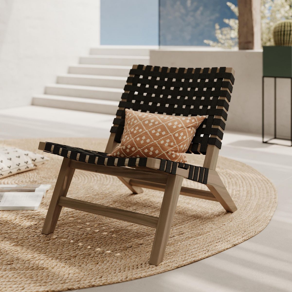 Rendez vous déco Fauteuil de jardin en teck et sangles en tissu noir - Tao