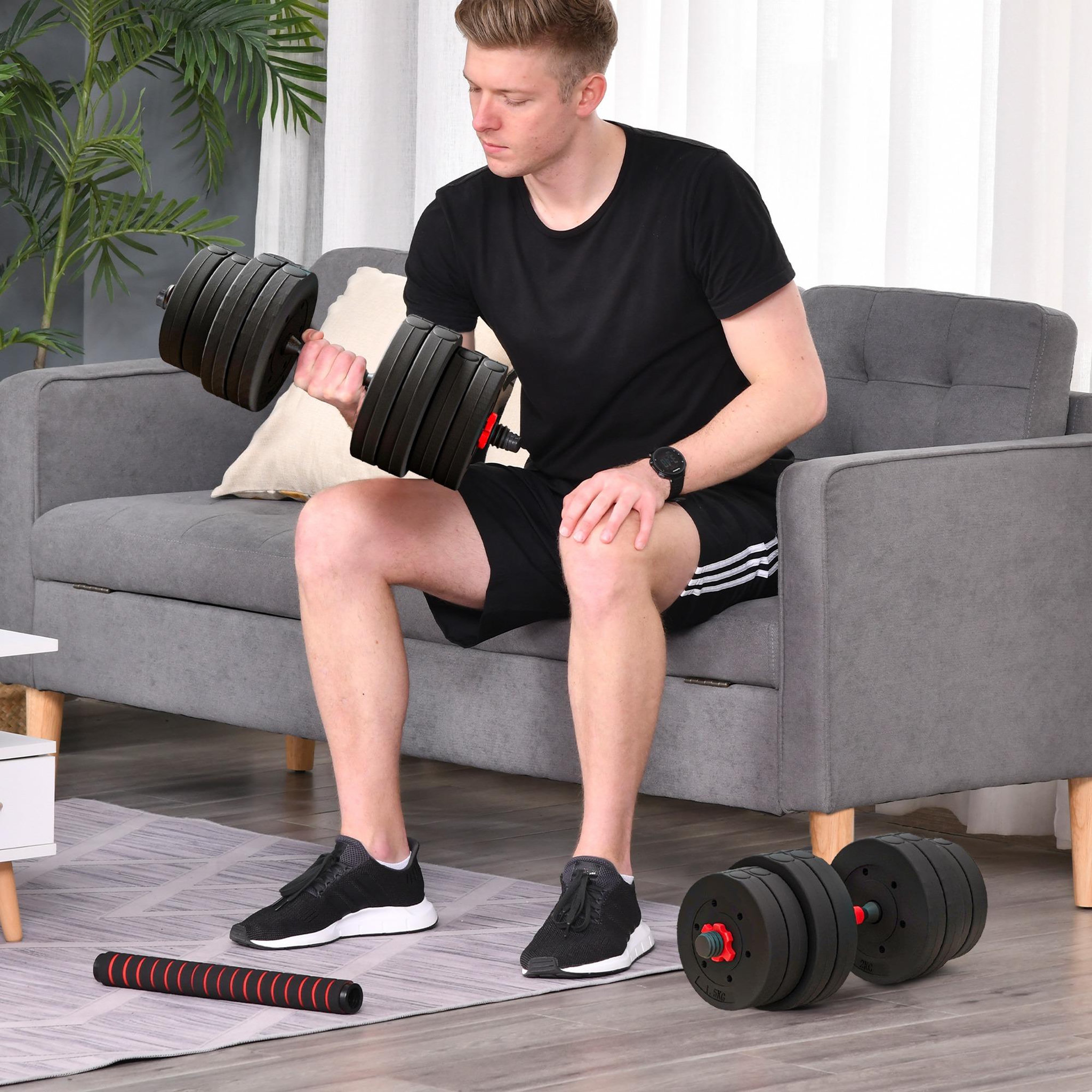 Voir la diapositive 4 : HOMCOM Ensemble d'haltères courtes total 30 kg - barres incluses - entraînement musculaire & haltérophilie - acier hdpe noir rouge