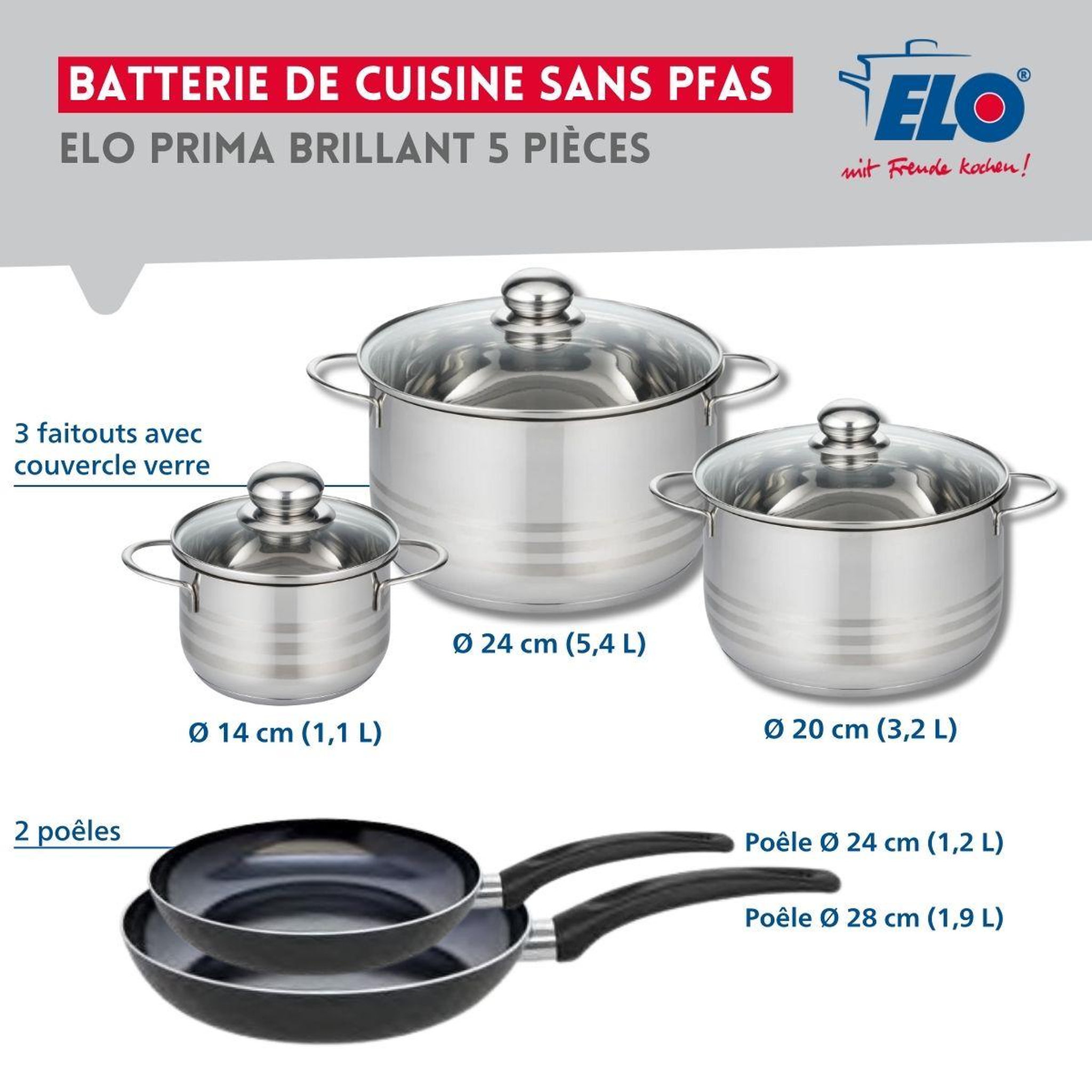 Voir la diapositive 2 : ELO Ensemble de 2 poêles de cuisson 24 et 28 cm et 3 faitouts 14, 20 et 24 cm elo prima brillant