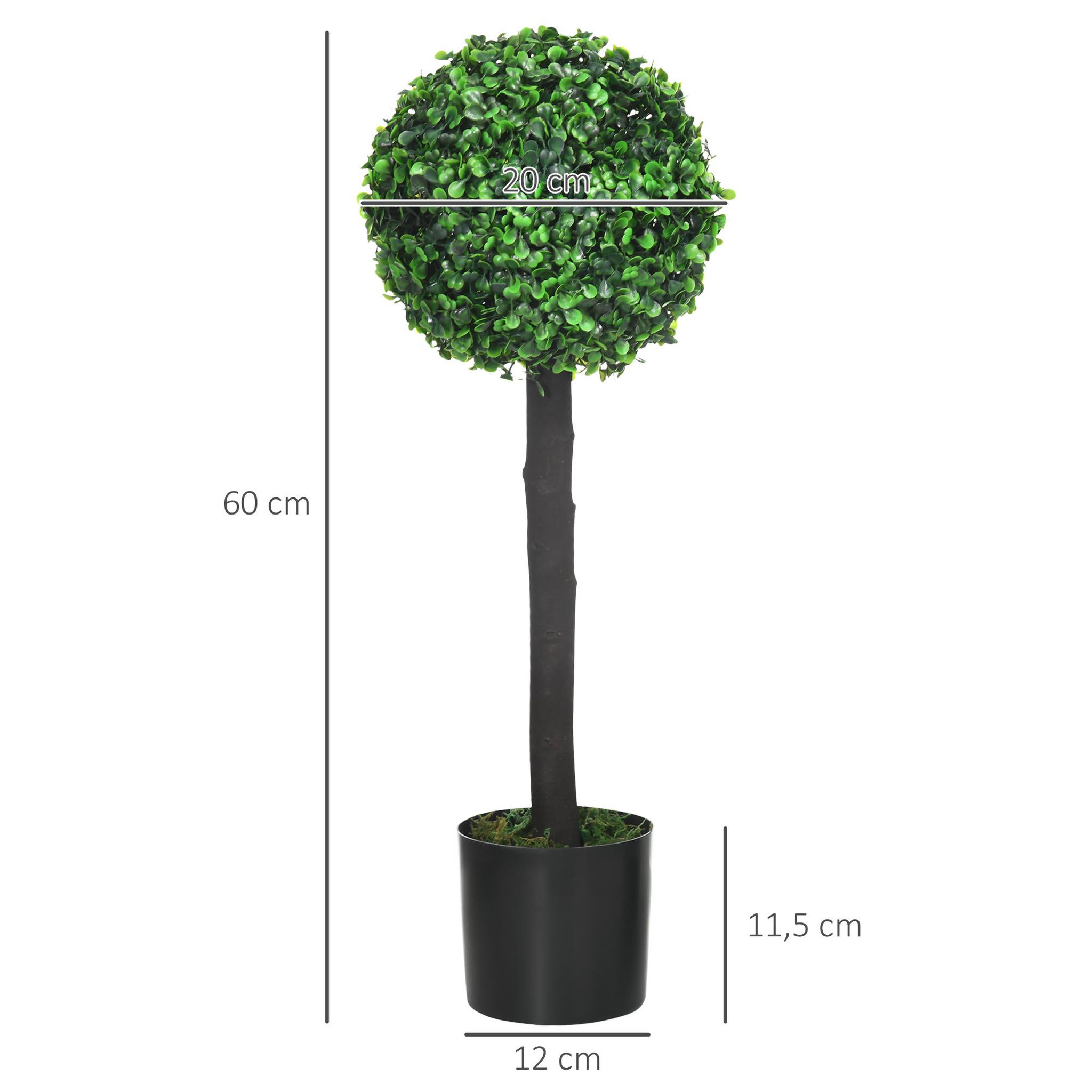 Voir la diapositive 3 : HOMCOM Lot de 2 buis artificiels topiaires artificielles en forme de boule dim. Ø 20 x 60H cm pots inclus