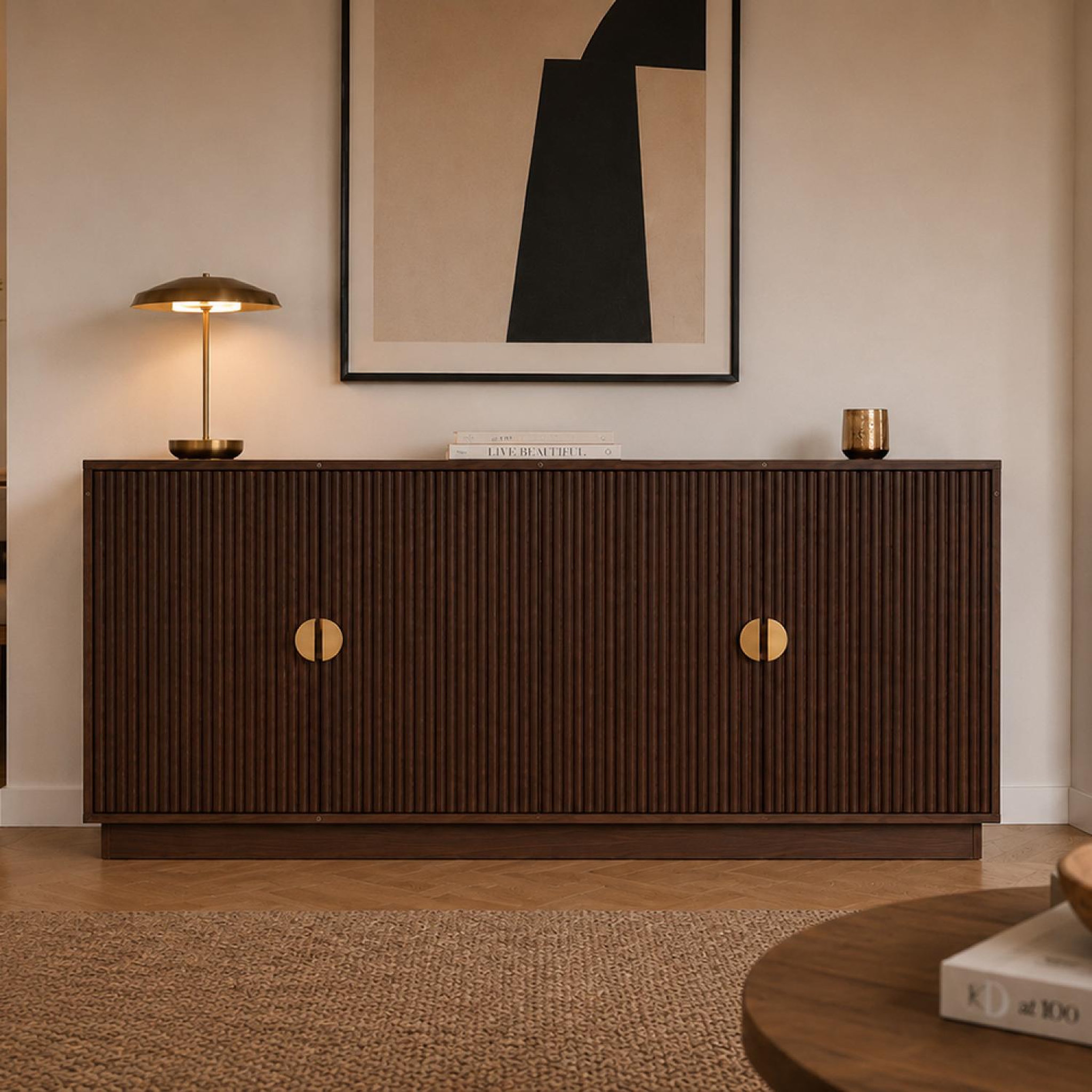 Voir la diapositive 4 : CONCEPT USINE Buffet 4 portes cannelées effet noyer 160 cm TEGAL