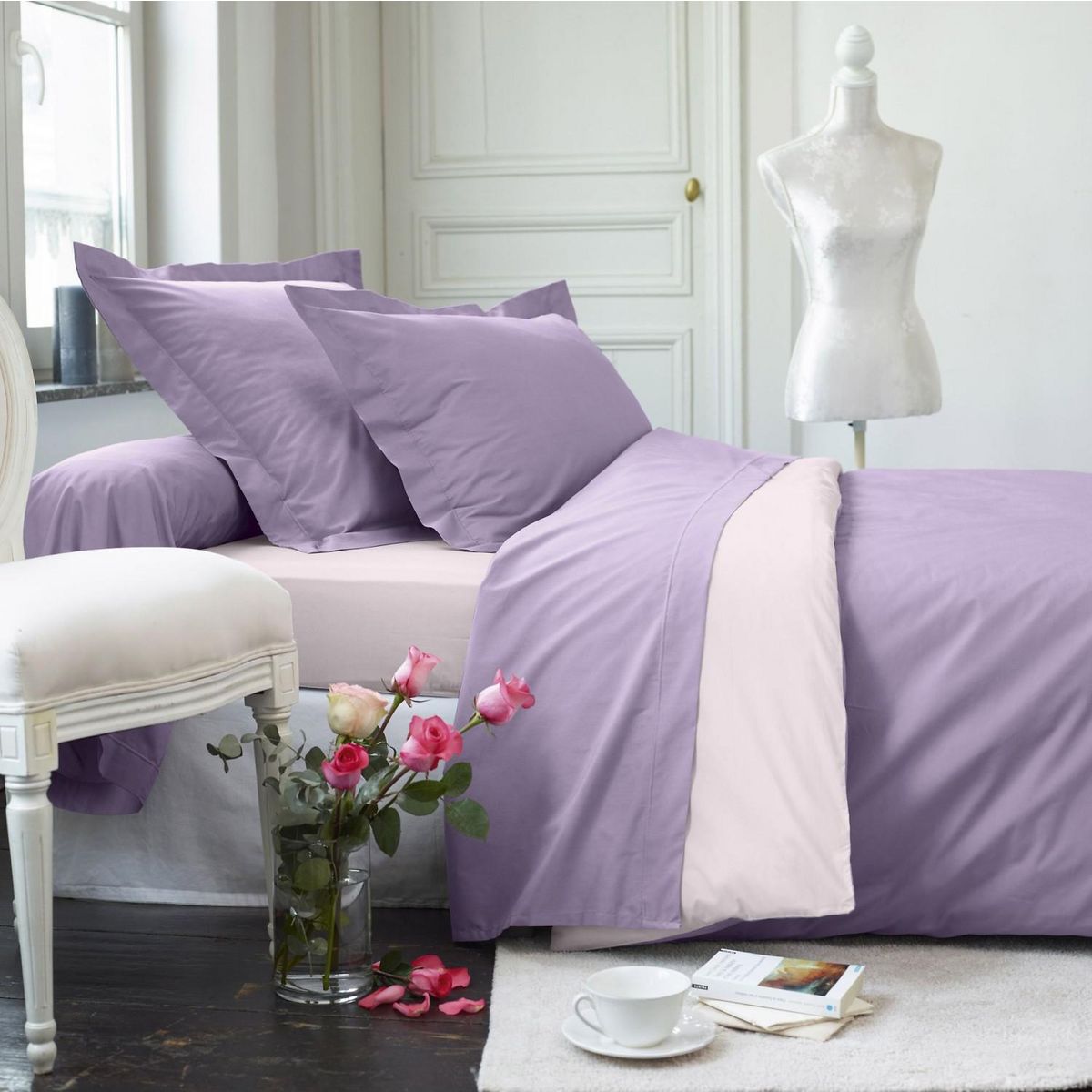 Home collection Parure de housse de couette 100% coton 78fils elena paris -lilas violine
