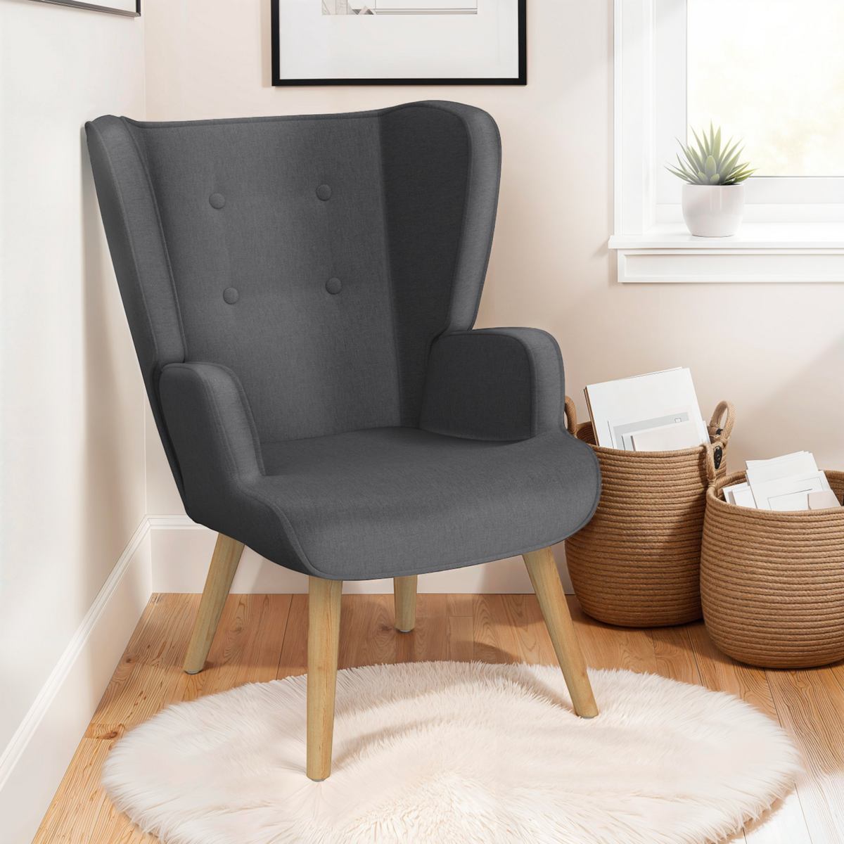 ID MARKET Fauteuil scandinave SVEN grand confort en tissu gris anthracite