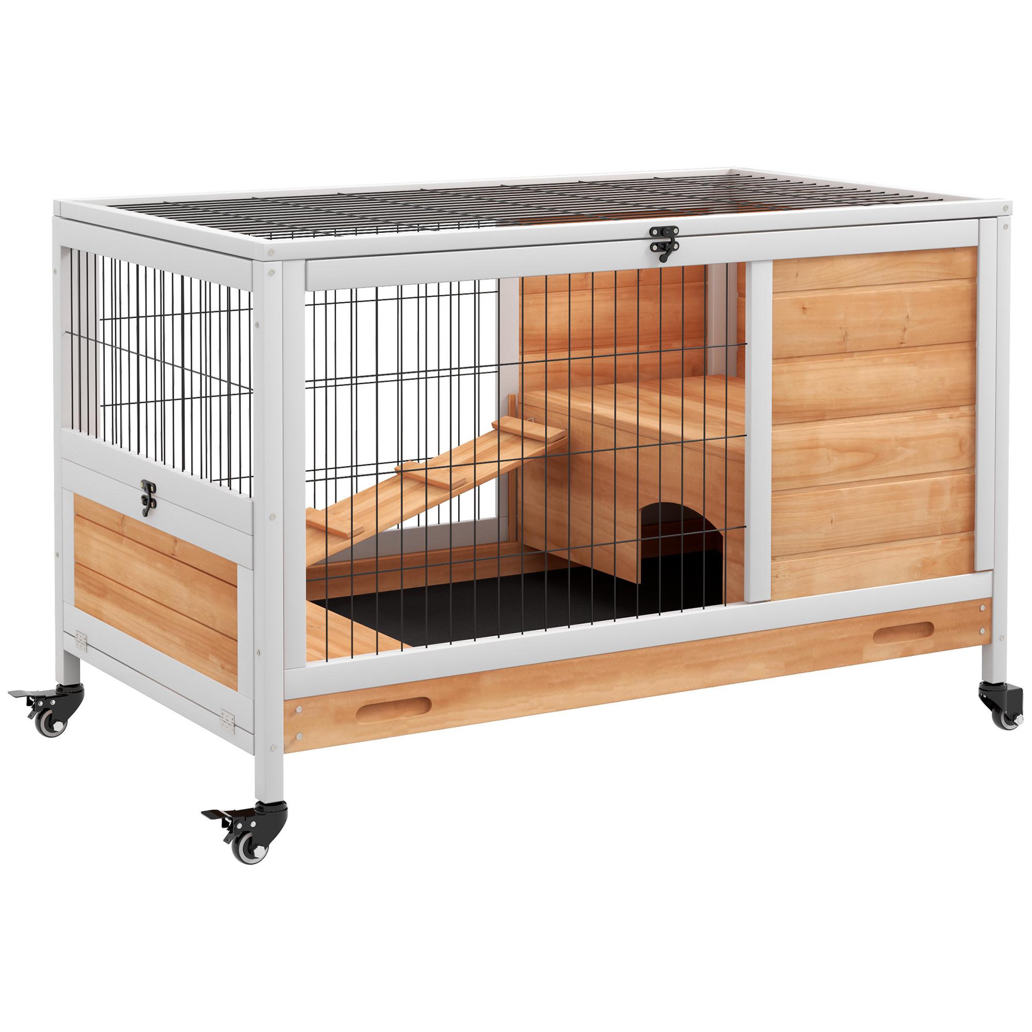 PAWHUT Clapier à lapin sur roulettes cage à lapin 2 étages porte verrouillable toit ouvrant plateau coulissant rampe bois de sapin orange blanc