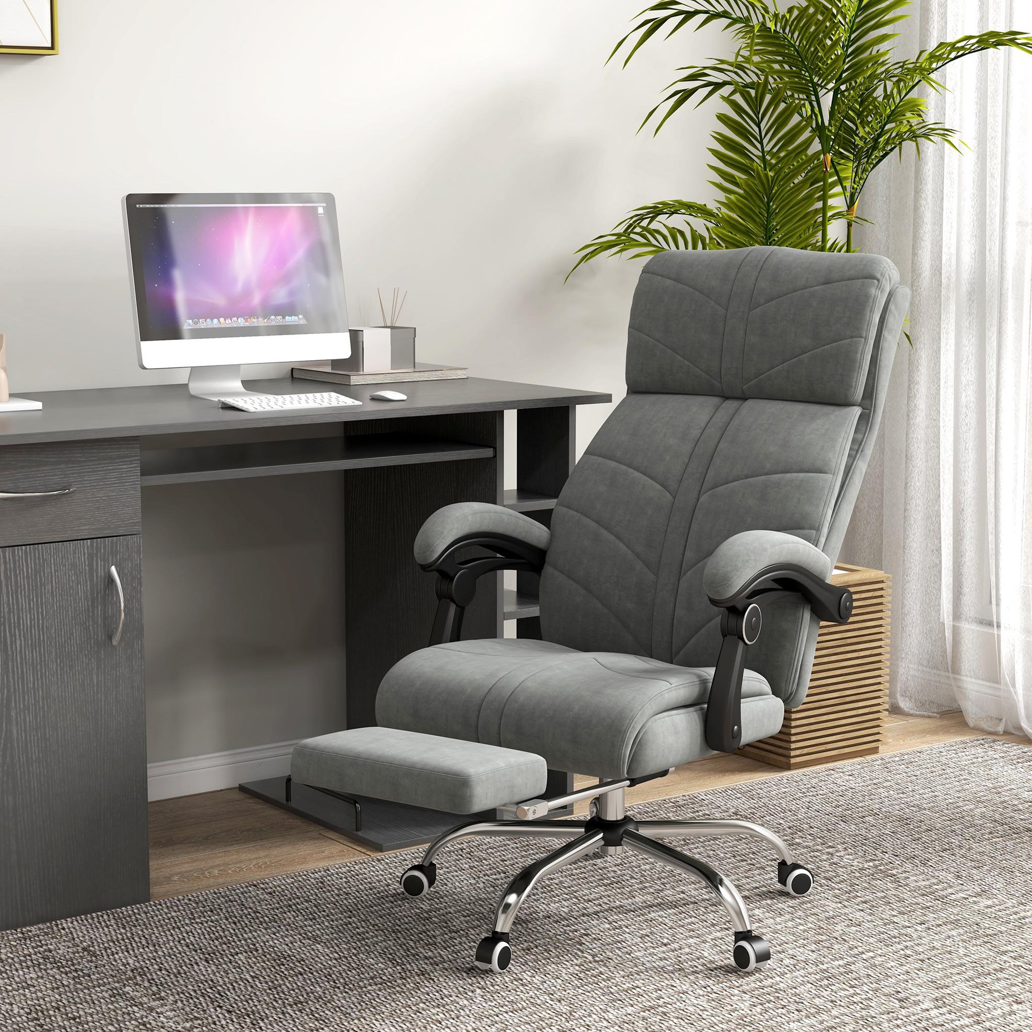 Voir la diapositive 2 : VINSETTO Fauteuil de bureau direction massant chauffant inclinable réglable repose-pied intégré tissu toucher flanelle grise
