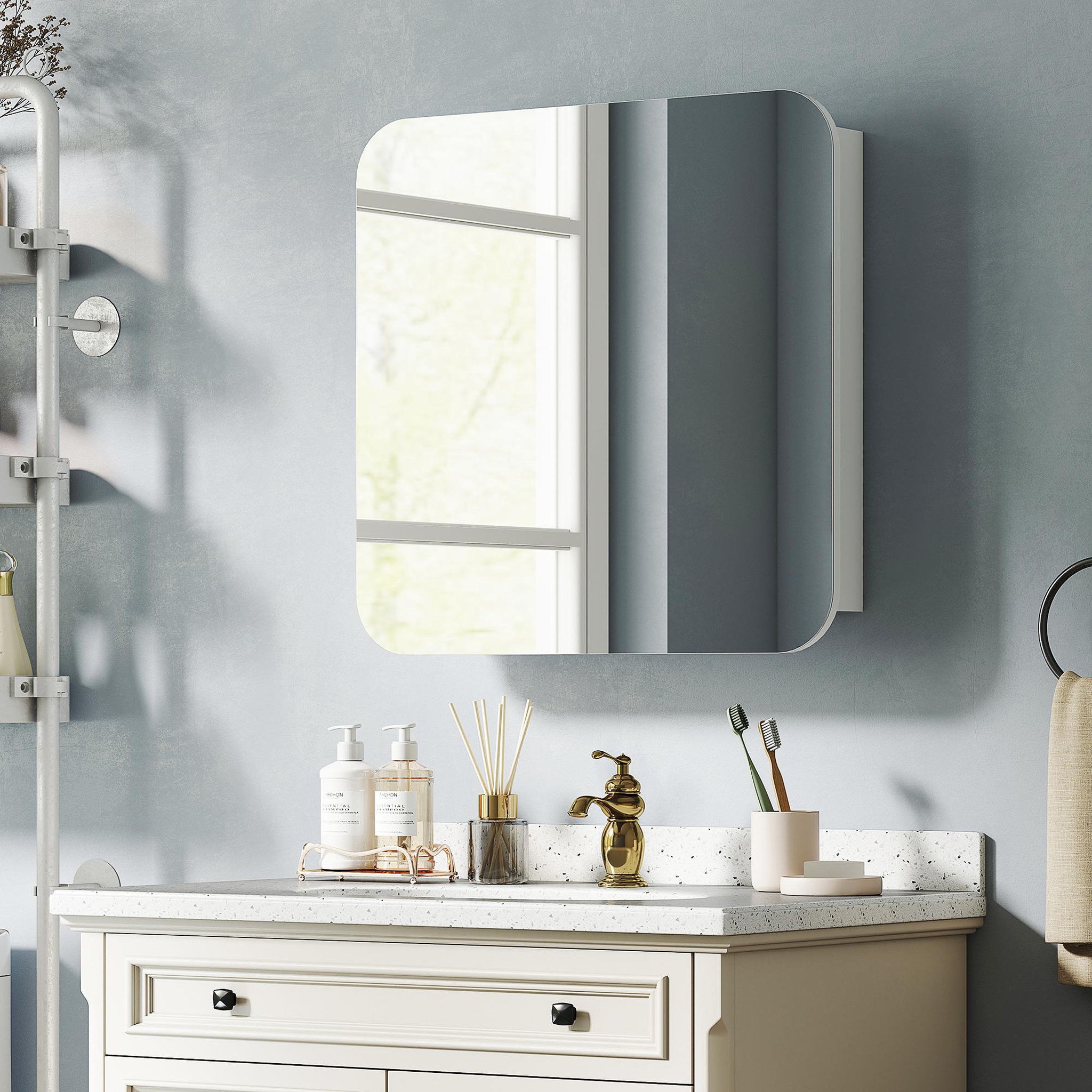 Voir la diapositive 3 : HOMCOM Armoire miroir murale salle de bain design arqué 2 portes dim. 68 x 13 x 66 cm blanc