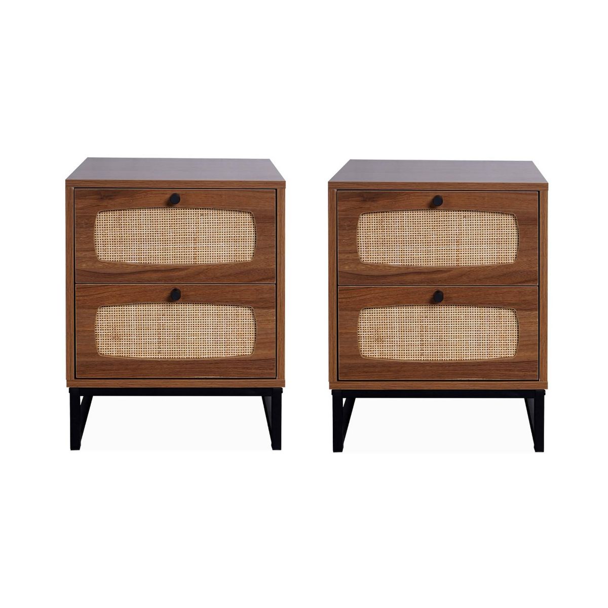 SWEEEK Lots de 2 tables de chevet en décor bois et cannage avec pieds et poignées en métal noir