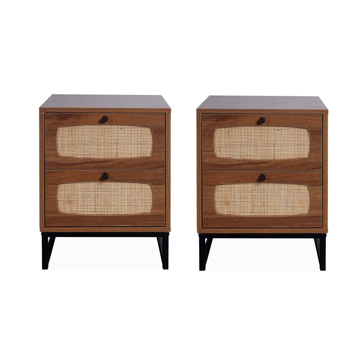 SWEEEK Lots de 2 tables de chevet en décor bois et cannage avec pieds et poignées en métal noir