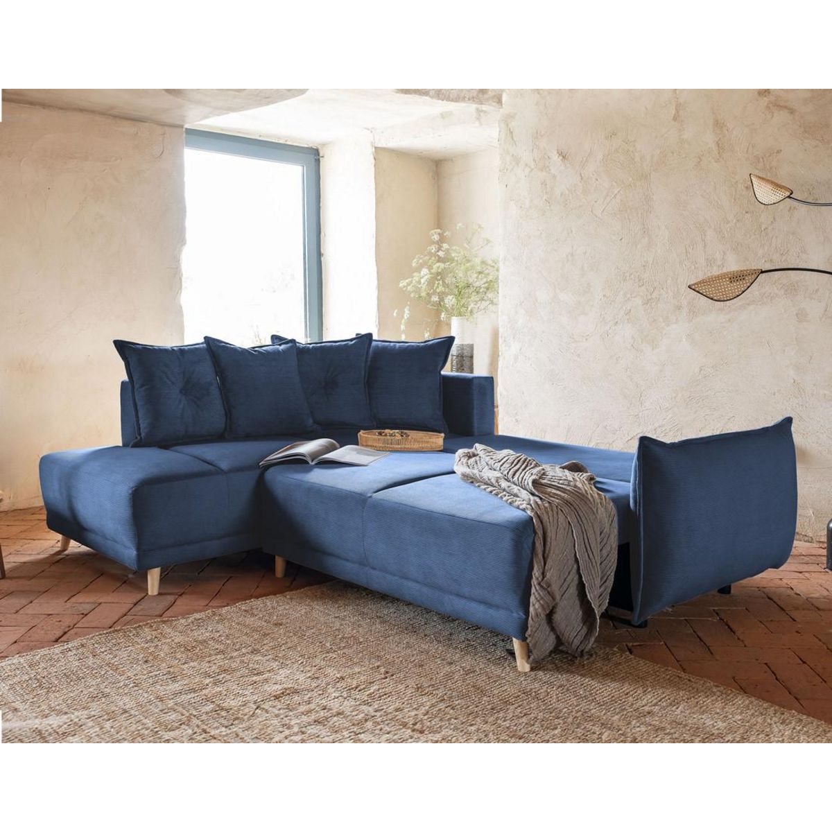 BEST MOBILIER Lena - canapé d'angle gauche 5 places - convertible avec coffre - en velours côtelé