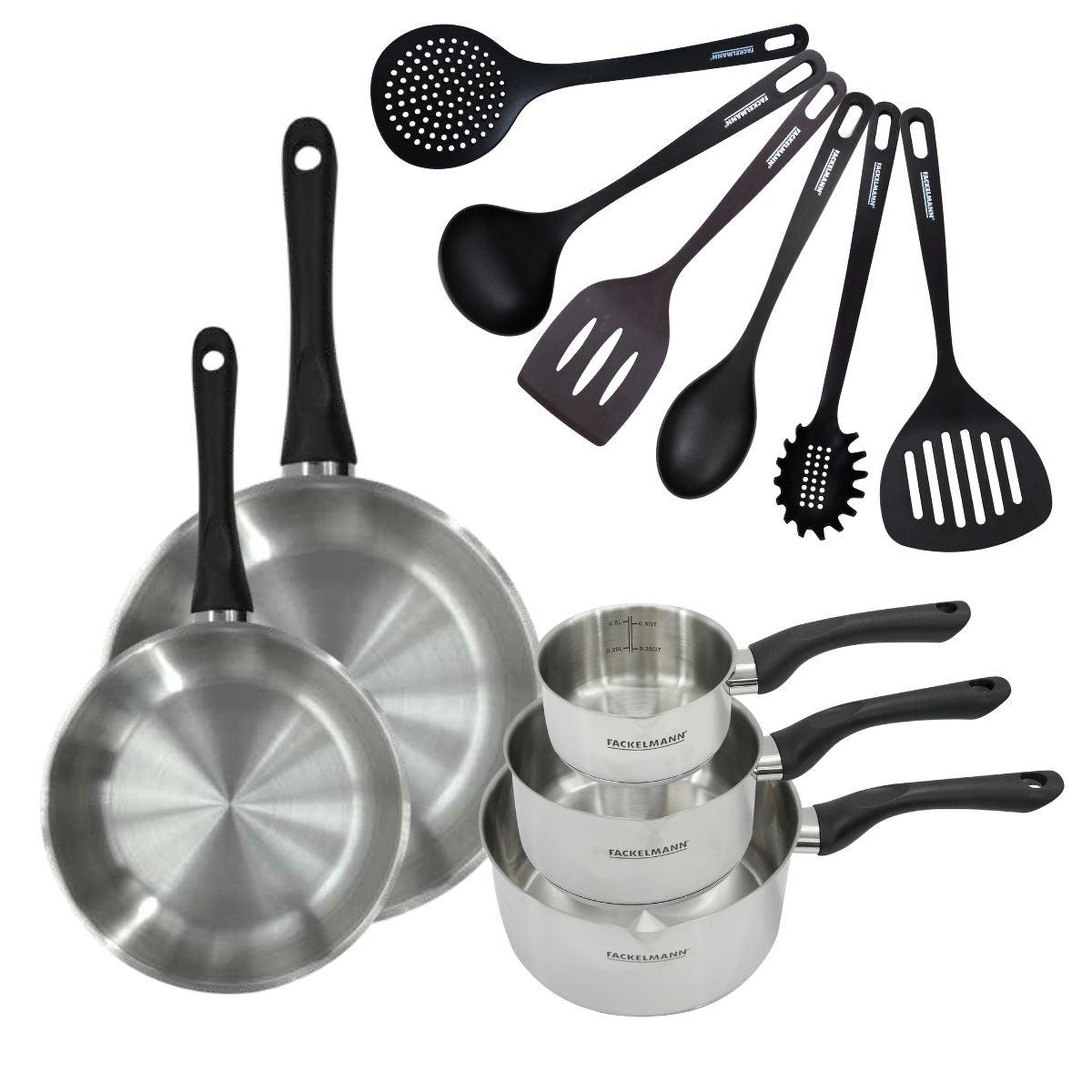 Fackelmann Set 2 poêles 24 et 28 cm 3 casseroles 12 16 et 20 cm en inox et 6 ustensiles fackelmann geneva
