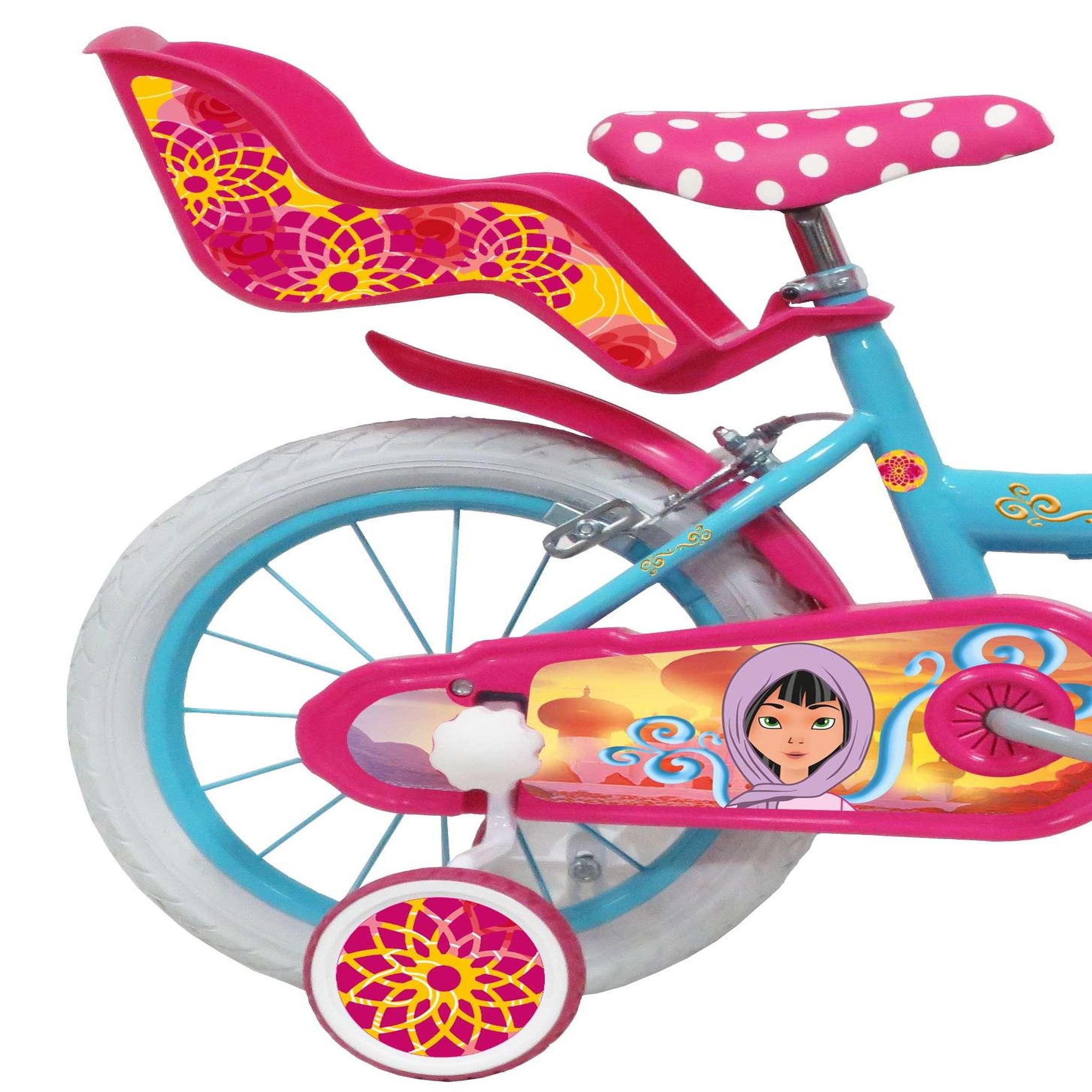 Voir la diapositive 2 : Vélo enfant - Modèle 14'' Princesse des sables pour enfant de 95/110 cm avec stabilisateurs - Panier avant - Porte poupée arrière - 2 freins