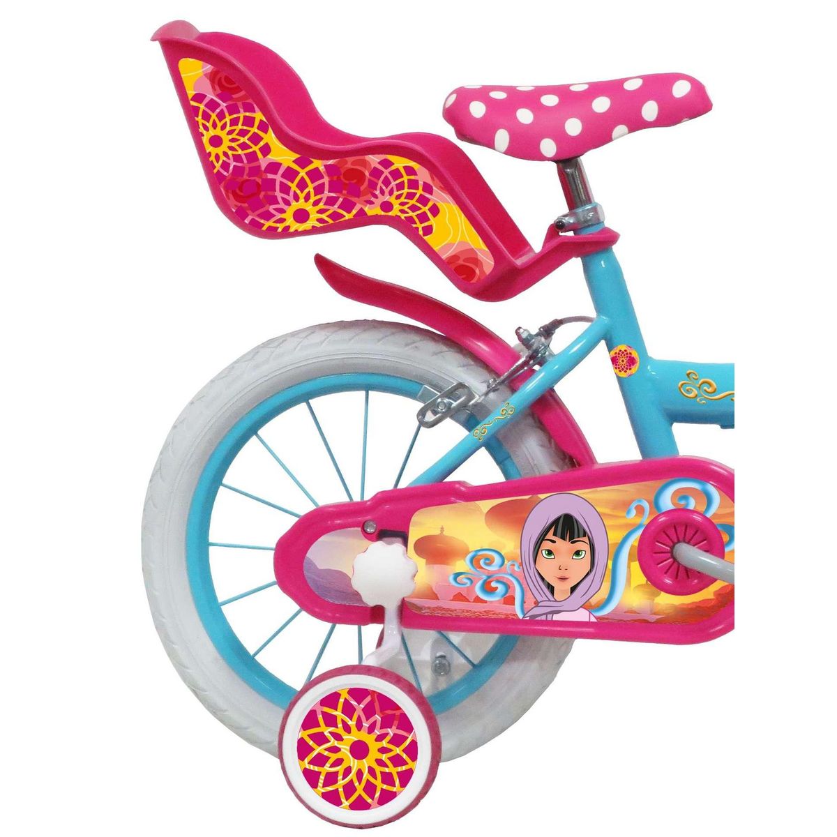 Vélo enfant - Modèle 14'' Princesse des sables pour enfant de 95/110 cm avec stabilisateurs - Panier avant - Porte poupée arrière - 2 freins