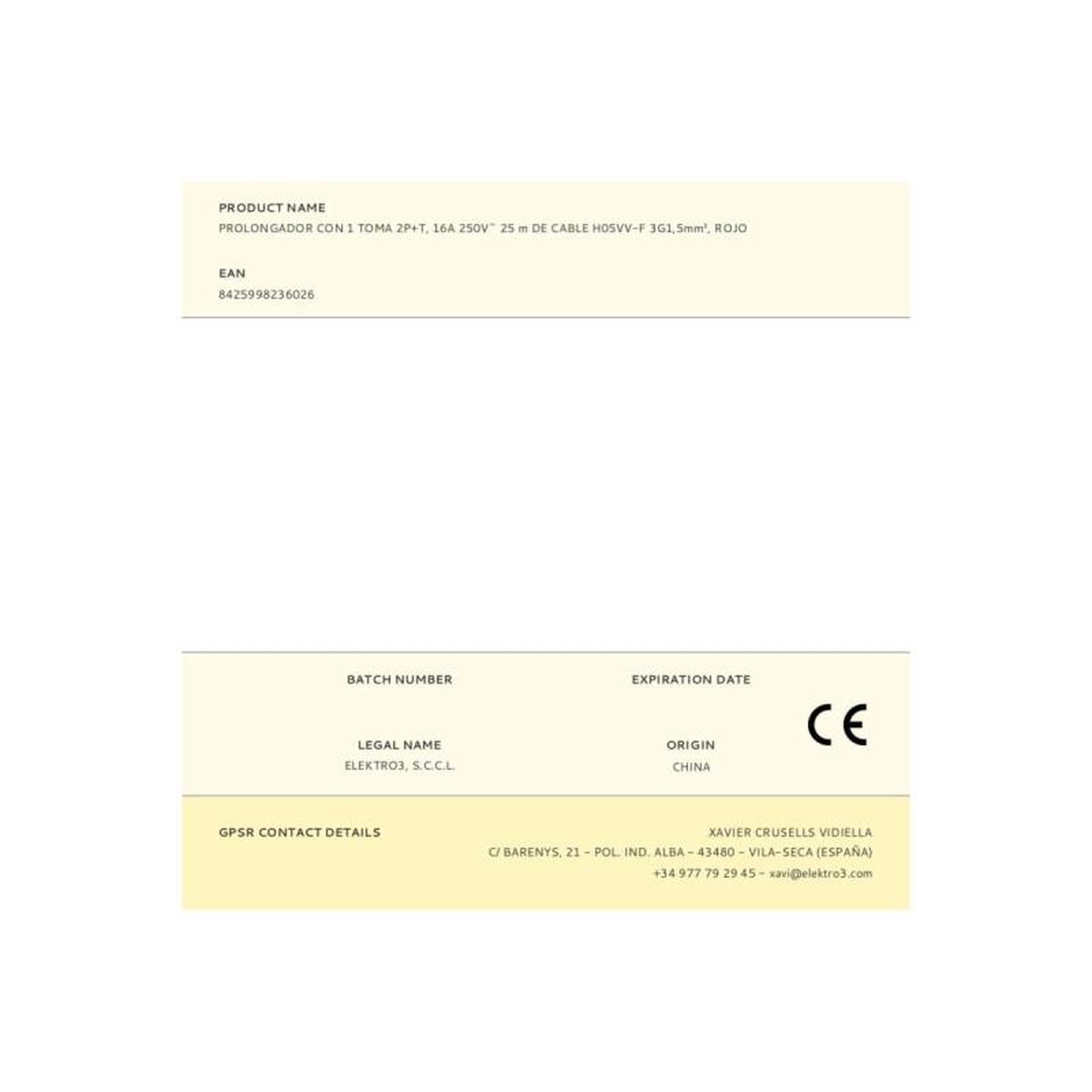 Voir la diapositive 3 : EDM Rallonge électrique 25m 16a 250v edm - 1 prise 2p+t h05vv-f 3g1,5mm² - 23602