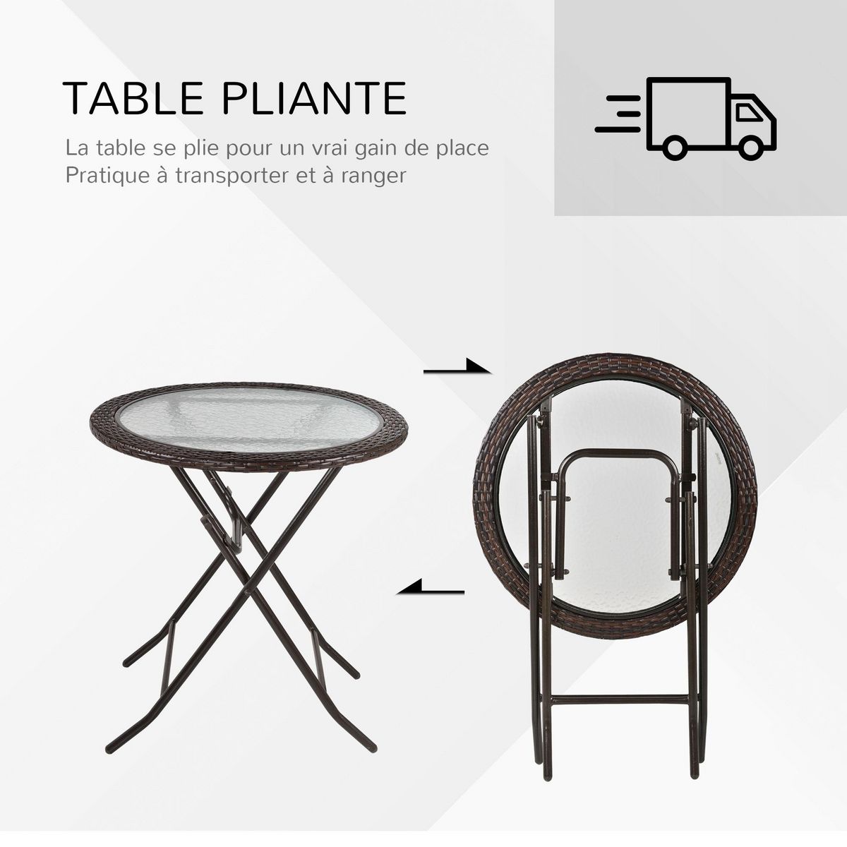 OUTSUNNY Table ronde bistro de jardin pliable dim. Ø 68 x 73H cm métal époxy résine tressée chocolat plateau verre trempé