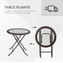 Voir la diapositive 4 : OUTSUNNY Table ronde bistro de jardin pliable dim. Ø 68 x 73H cm métal époxy résine tressée chocolat plateau verre trempé