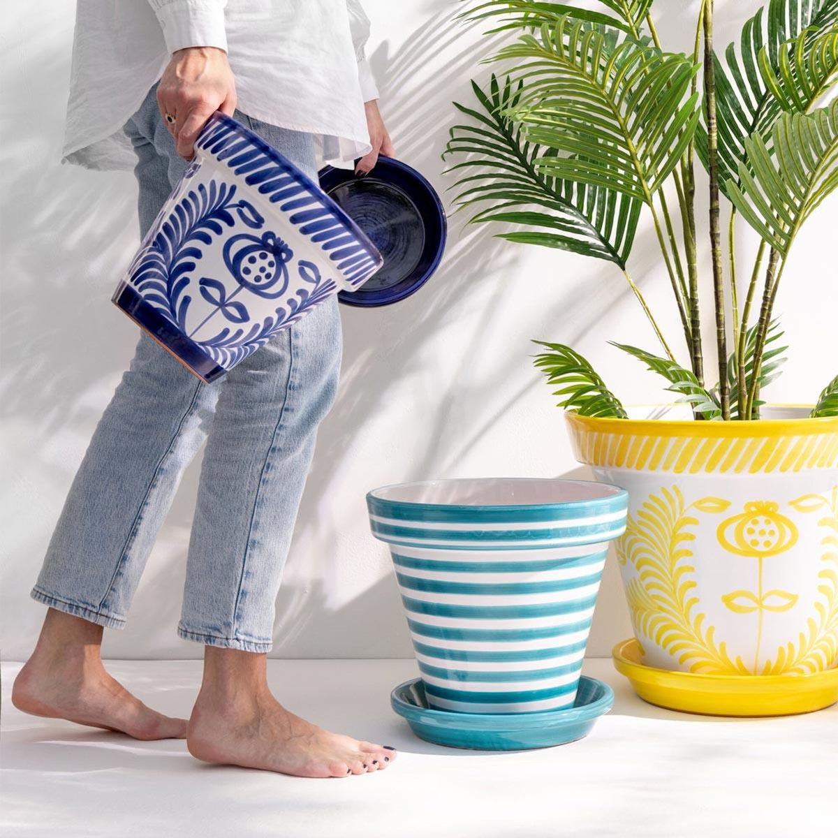 Paris Prix Pot Avec Soucoupe en Céramique  Granada Rayure  35cm Bleu Aqua
