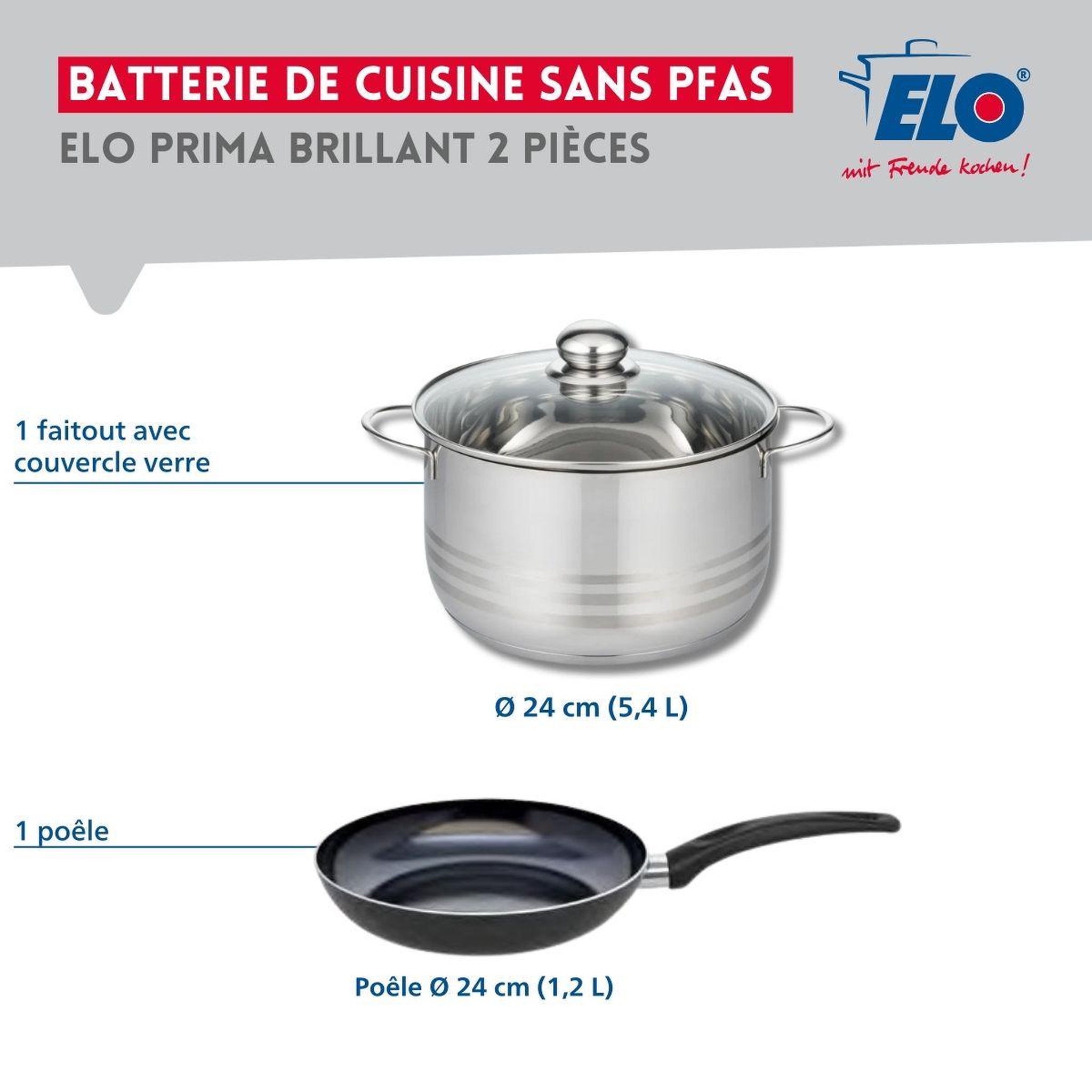 Voir la diapositive 2 : ELO Ensemble de 1 poêle de cuisson 24 cm et 1 faitout 24 cm elo prima brillant