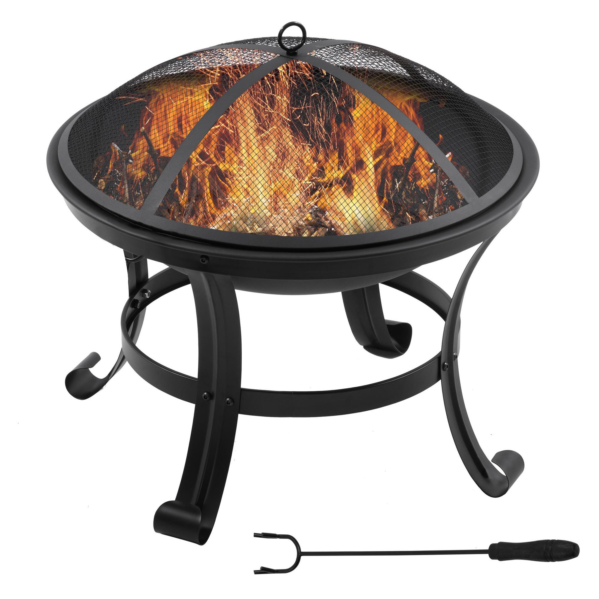 Voir la diapositive 1 : OUTSUNNY Brasero boule de feu cheminée foyer extérieur Ø 55 x 50H cm grille à charbon couvercle tisonnier acier noir